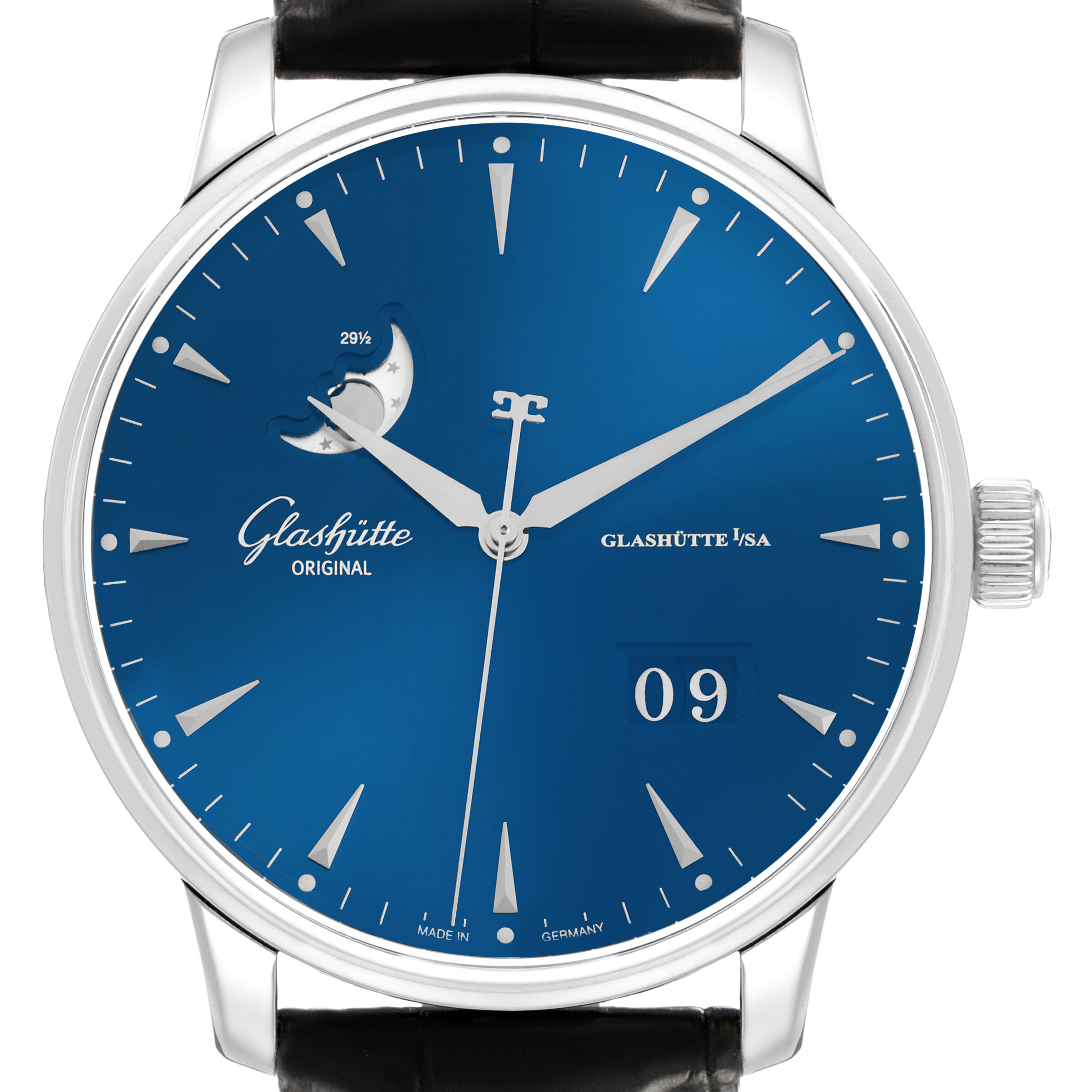 The Glashutte Original 1-36-04-04-02-30 Men's Stainless Steel Blue Dial watch is shown from the front, highlighting its blue dial, moon phase, and date window.