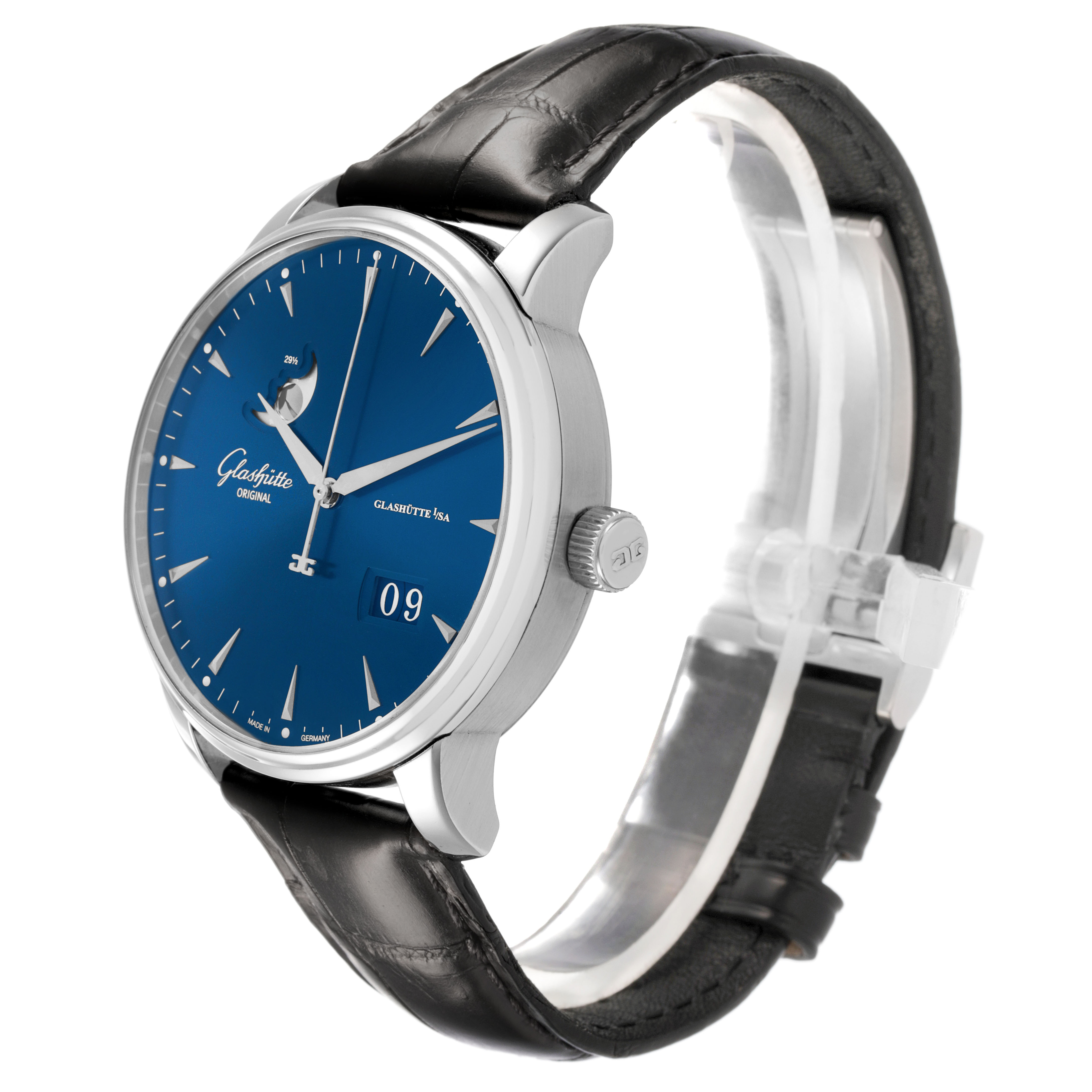The Glashütte Original model is shown at a slight angle, featuring the dial, case, crown, and leather strap.