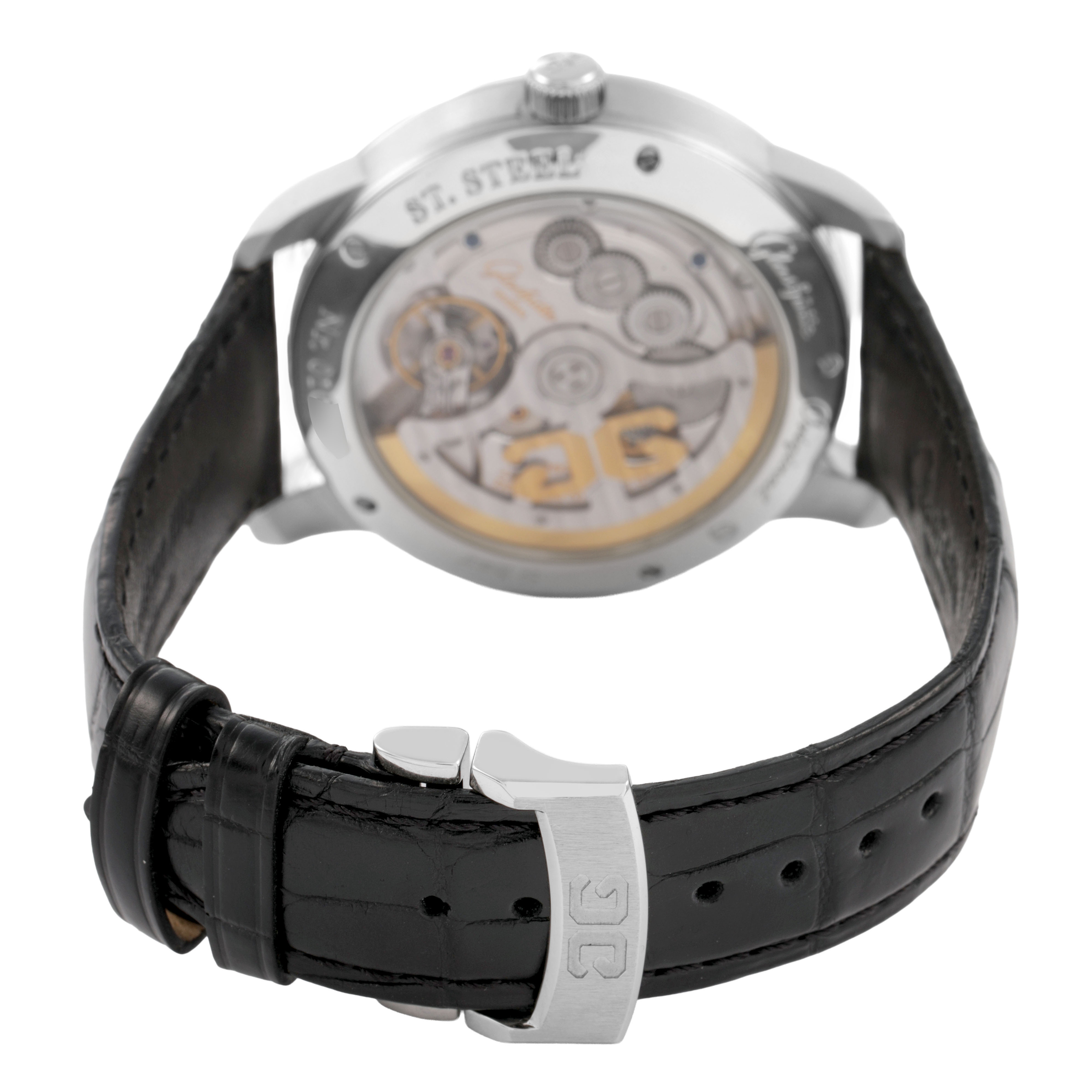 The Glashütte Original watch is shown from a rear angle, highlighting its movement and leather strap with a clasp.