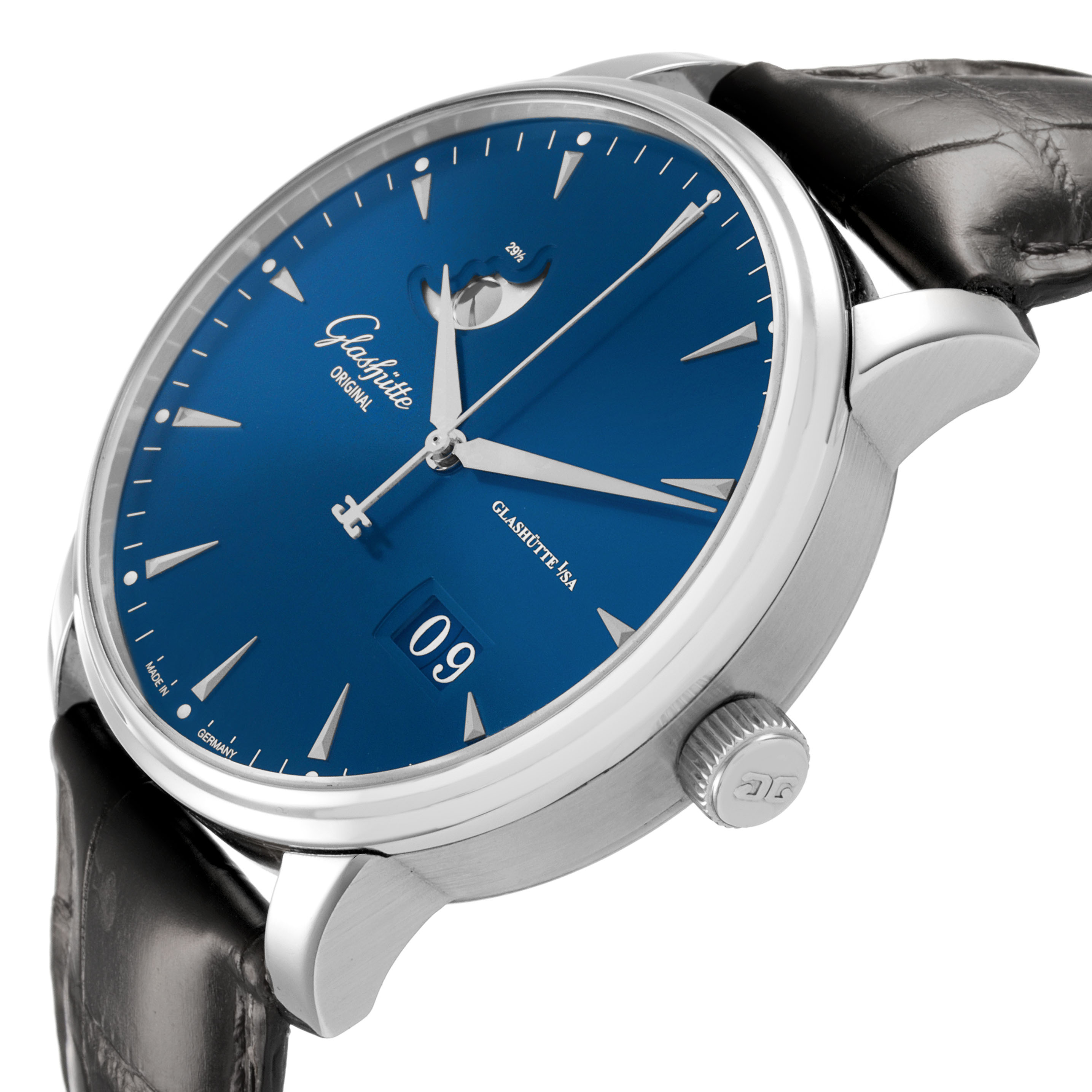 The Glashutte Original 1-36-04-04-02-30 Men's Stainless Steel Blue Dial watch is shown at an angle highlighting the blue dial, moon phase, crown, and leather strap.