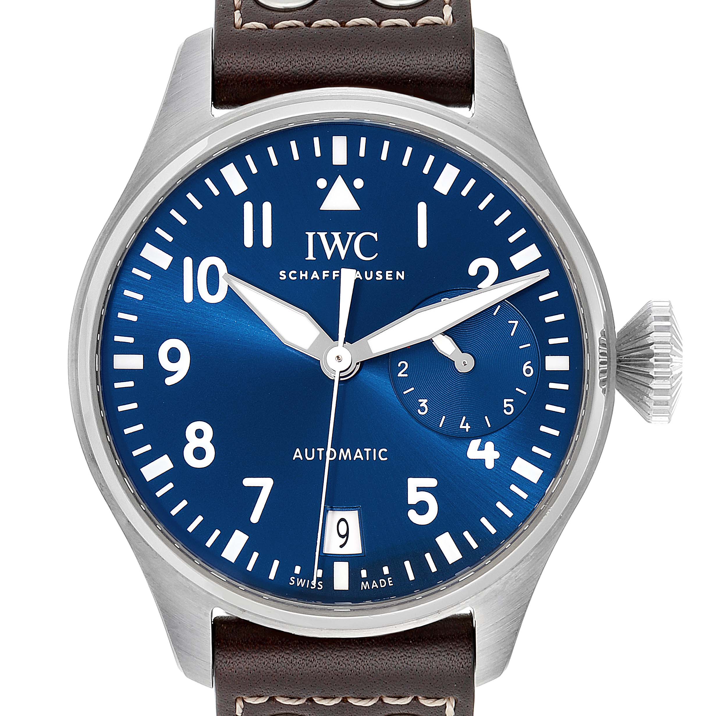 The image shows a frontal view of the IWC Pilot IW501002 Men's Stainless Steel Blue Dial IW501002 Men's Stainless Steel Blue Dial model watch, displaying its blue dial, hands, date window, and part of the strap.