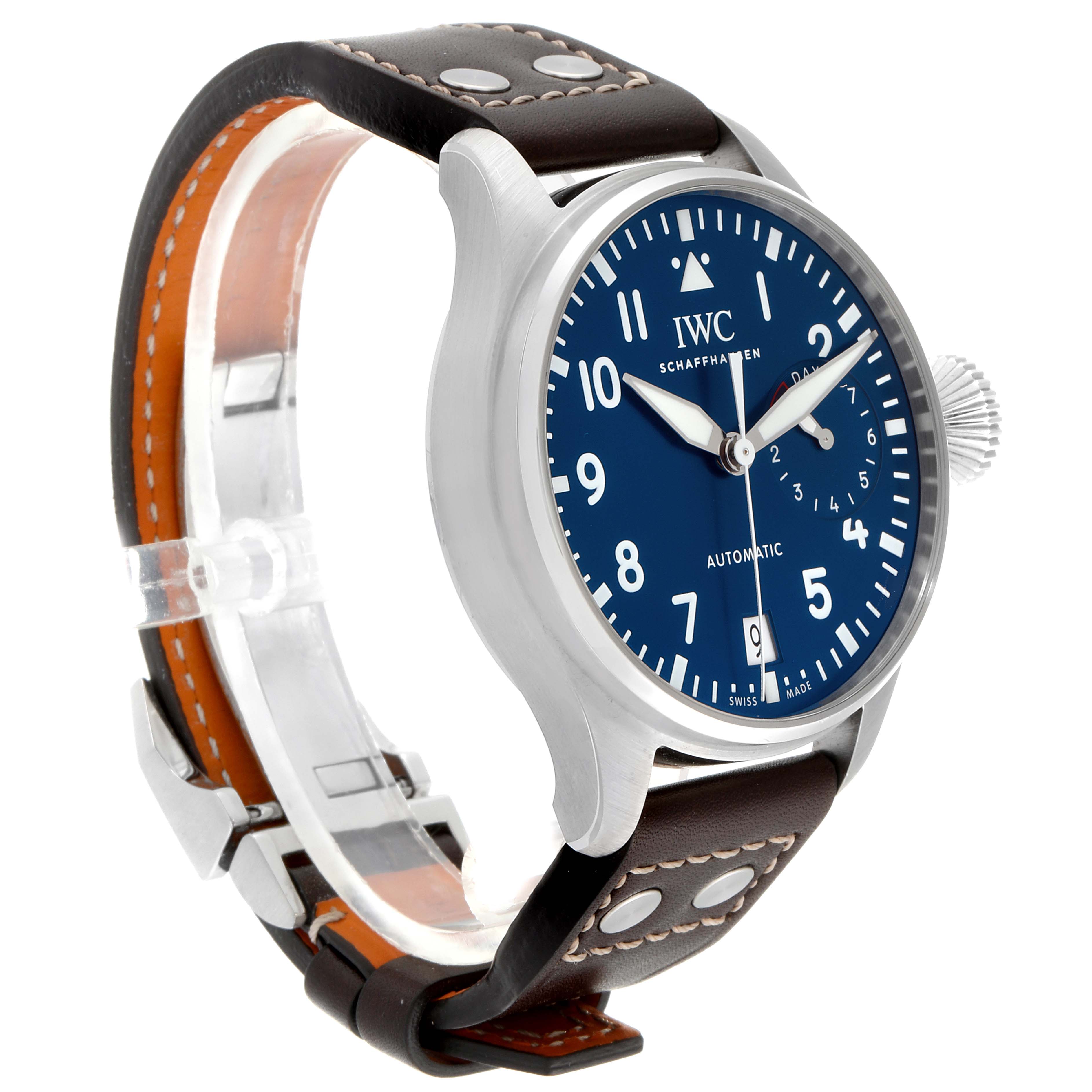 The image shows an side-angle view of the IWC Pilot IW501002 Men's Stainless Steel Blue Dial IW501002 Men's Stainless Steel Blue Dial model watch, featuring its face, hands, strap, and clasp.