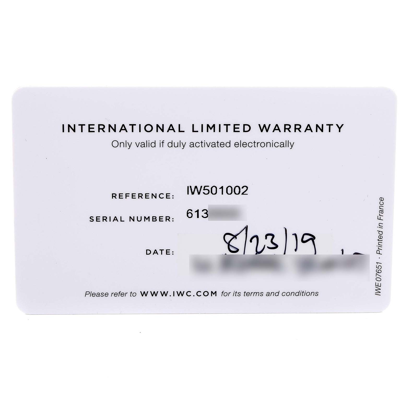 This is the front side of the International Limited Warranty card for the IWC Pilot IW501002 Men's Stainless Steel Blue Dial IW501002 Men's Stainless Steel Blue Dial model watch.