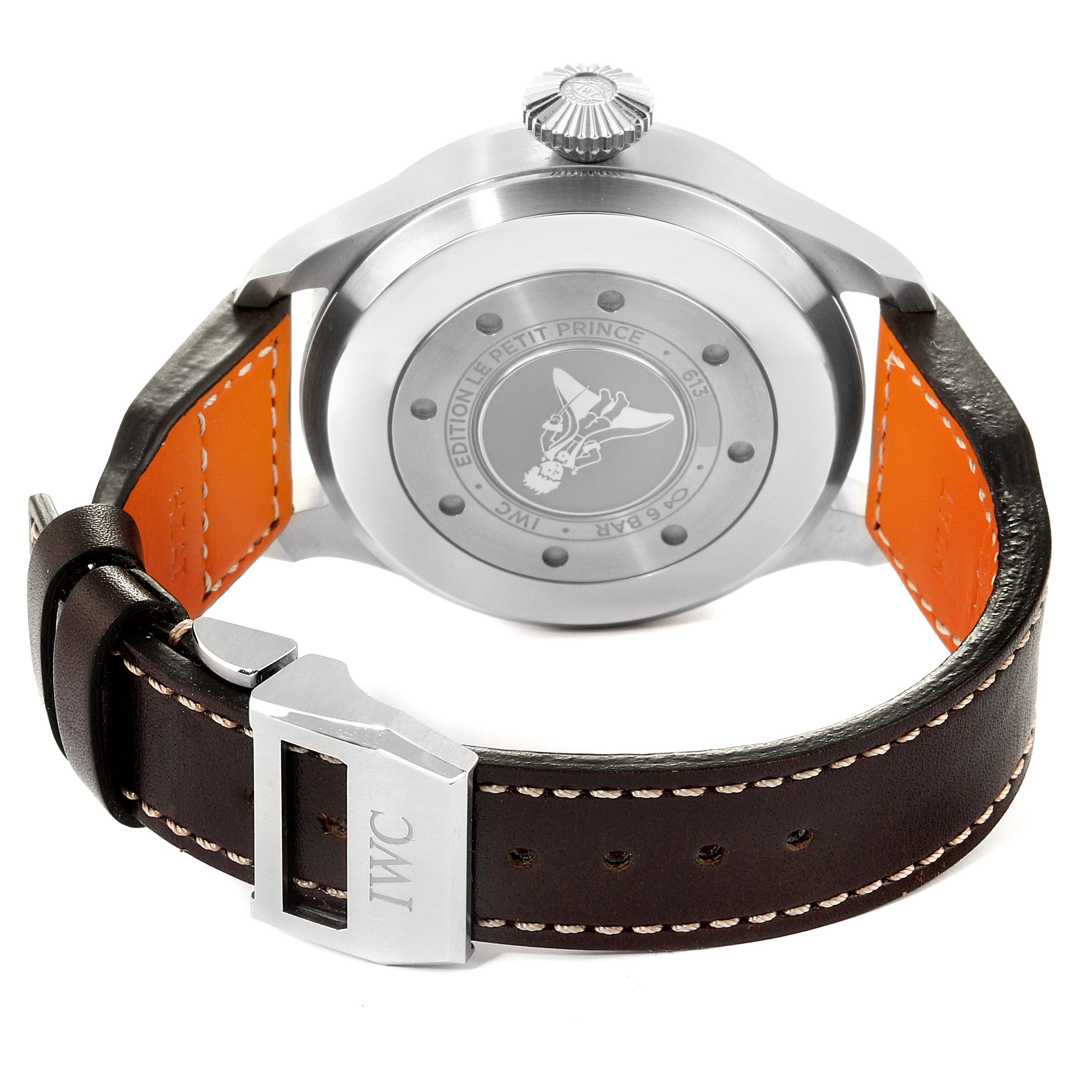 This IWC Pilot IW501002 Men's Stainless Steel Blue Dial IW501002 Men's Stainless Steel Blue Dial watch is shown from the back, displaying the case back and leather strap with stitching and a branded buckle.