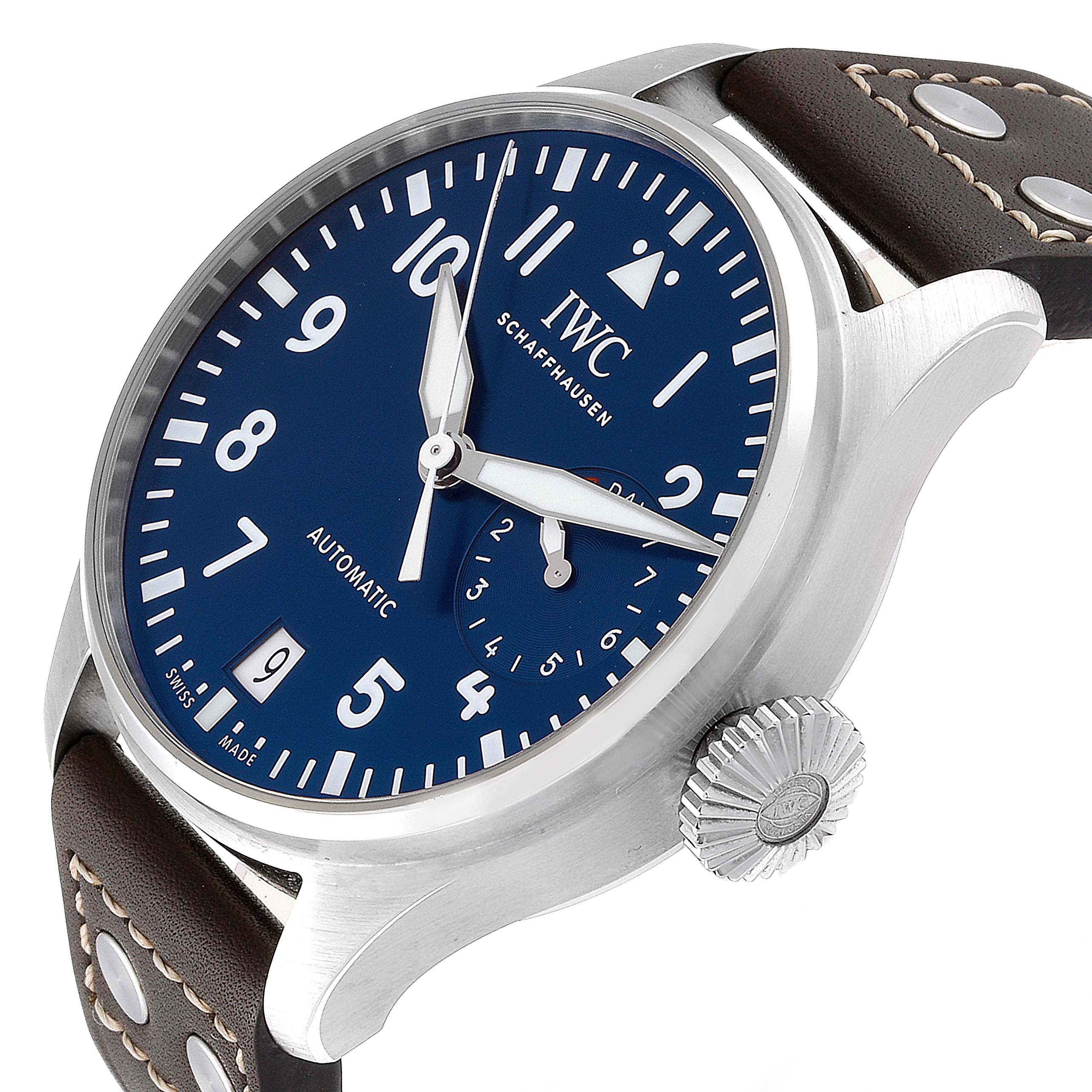 This is a side angle view of the IWC Pilot IW501002 Men's Stainless Steel Blue Dial IW501002 Men's Stainless Steel Blue Dial watch, showing the face, crown, and part of the leather strap with stitching and rivets.