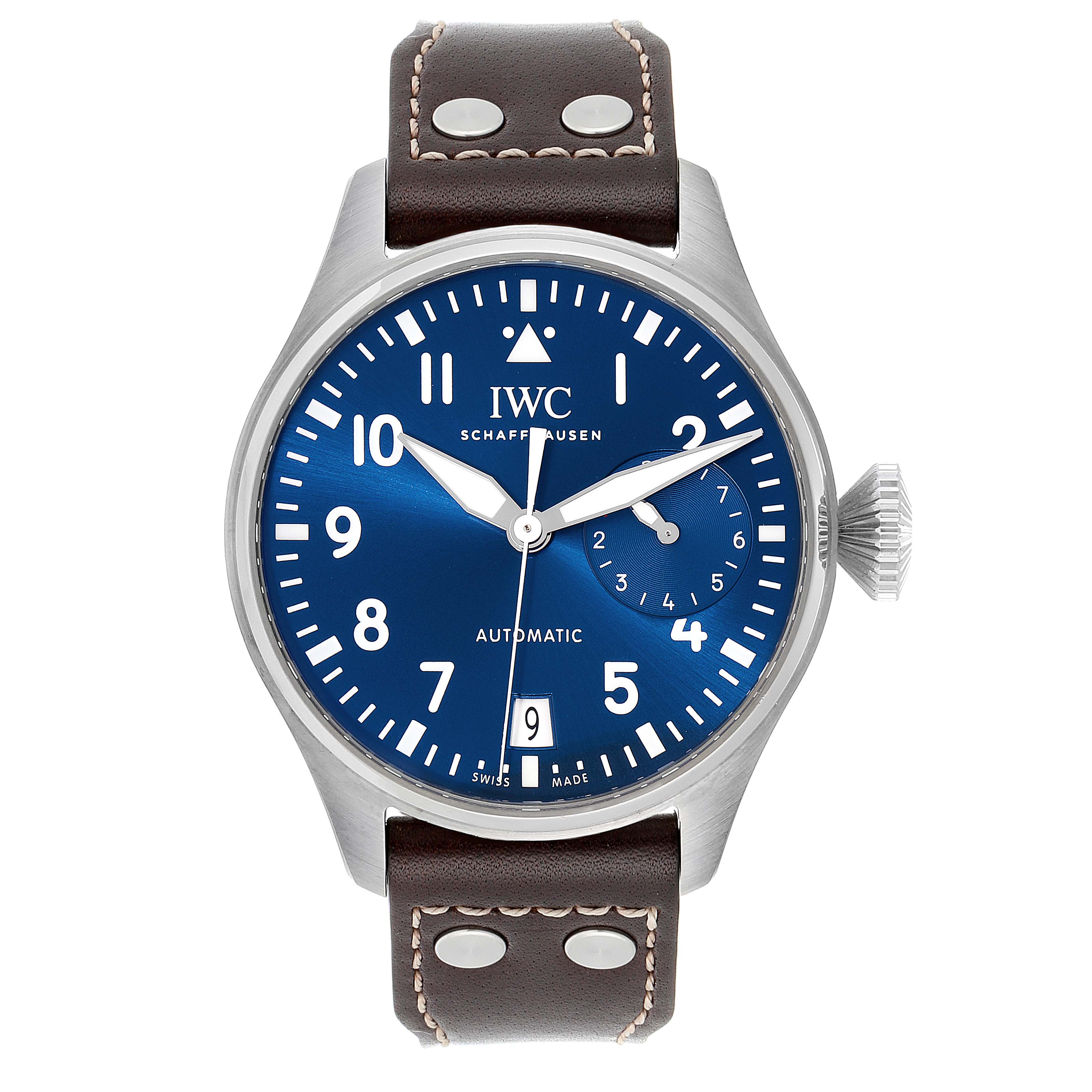 The image shows a front view of the IWC Pilot IW501002 Men's Stainless Steel Blue Dial IW501002 Men's Stainless Steel Blue Dial model watch, including the face, crown, and leather strap.