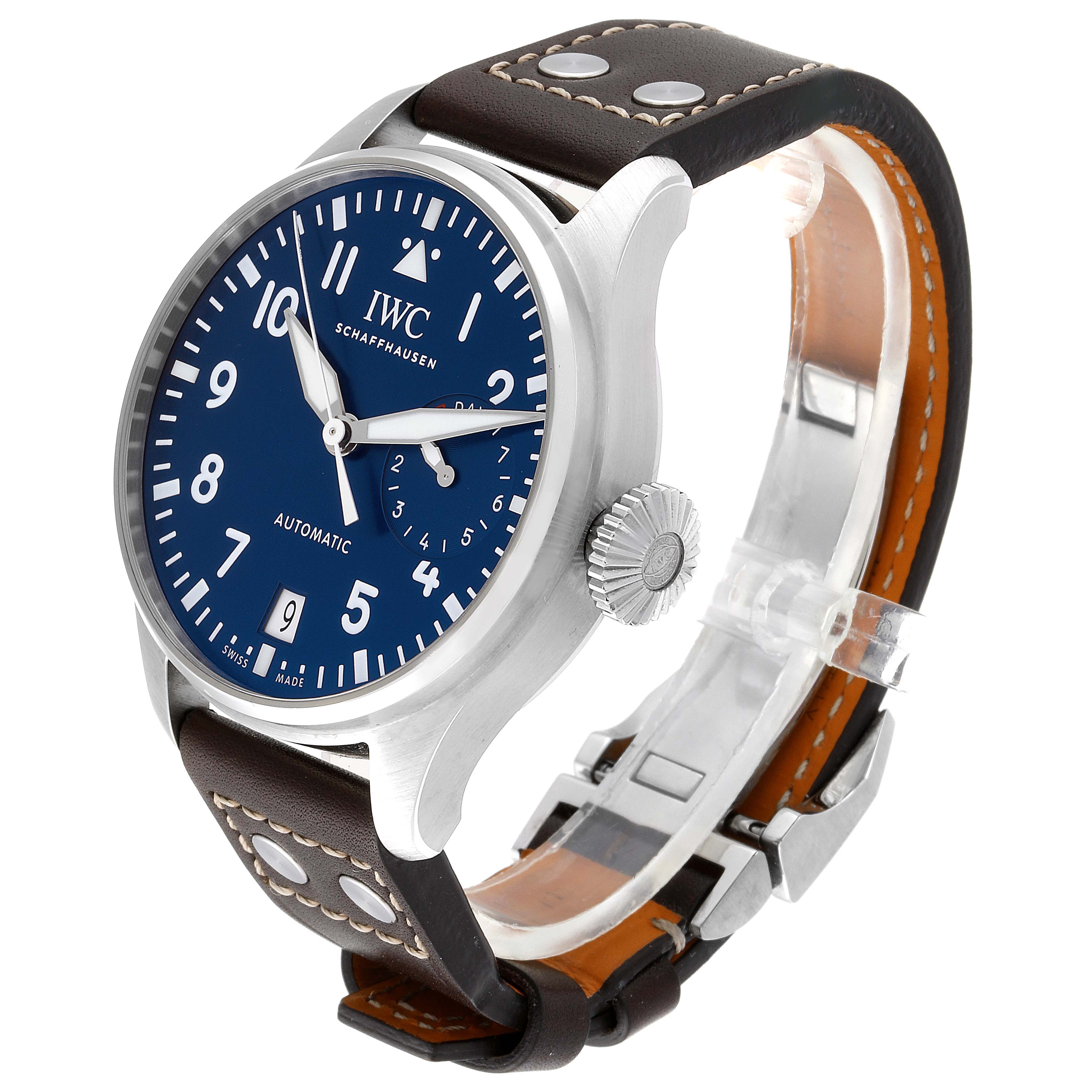 The IWC Pilot IW501002 Men's Stainless Steel Blue Dial IW501002 Men's Stainless Steel Blue Dial model watch is shown at a three-quarter angle, highlighting its blue dial, crown, and leather strap.