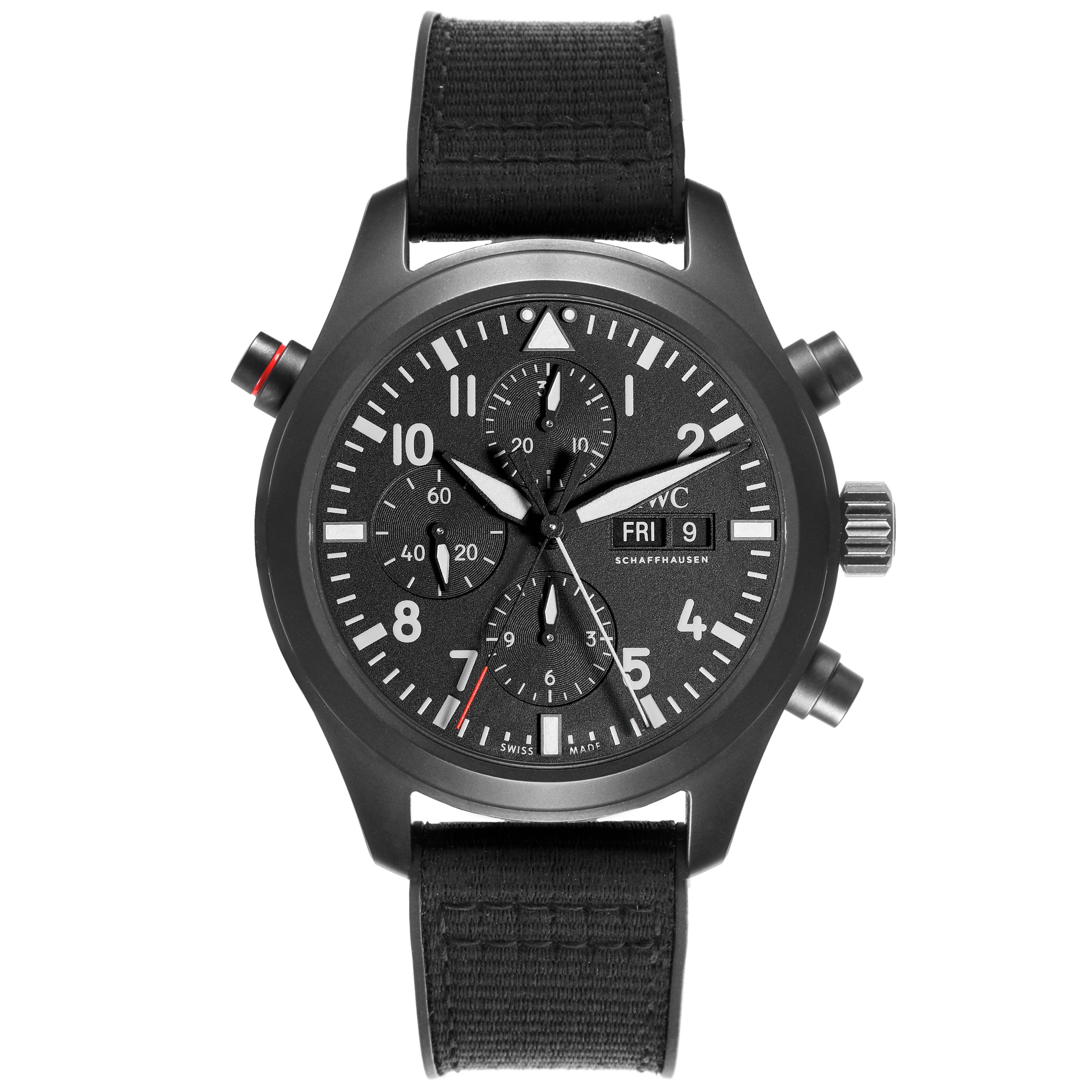 The IWC Pilot IW371815 Men
s Ceramic Black Dial IW371815 Men
s Ceramic Black Dial watch is shown from a front view, highlighting its dial, crown, and chronograph pushers.
