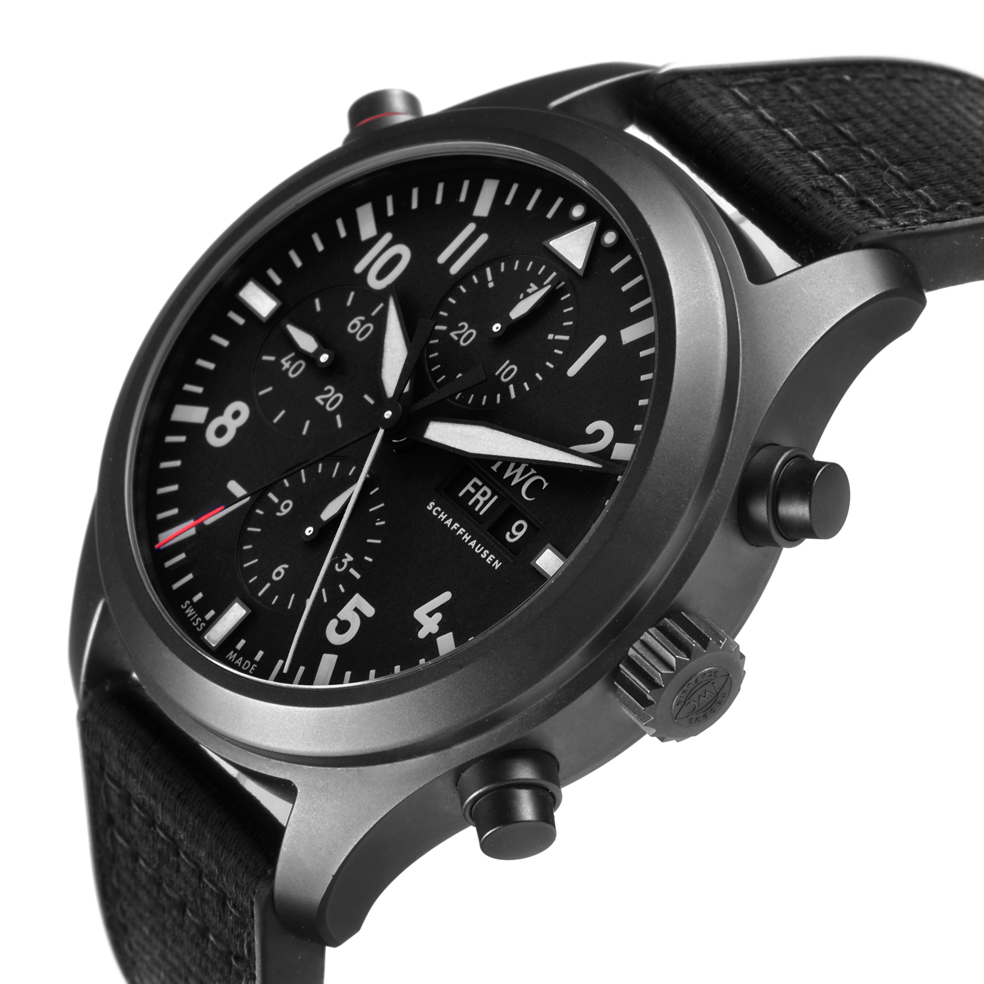 The IWC Pilot IW371815 Men
s Ceramic Black Dial IW371815 Men
s Ceramic Black Dial watch is shown from a side angle, highlighting its black dial, subdials, crown, and pushers.