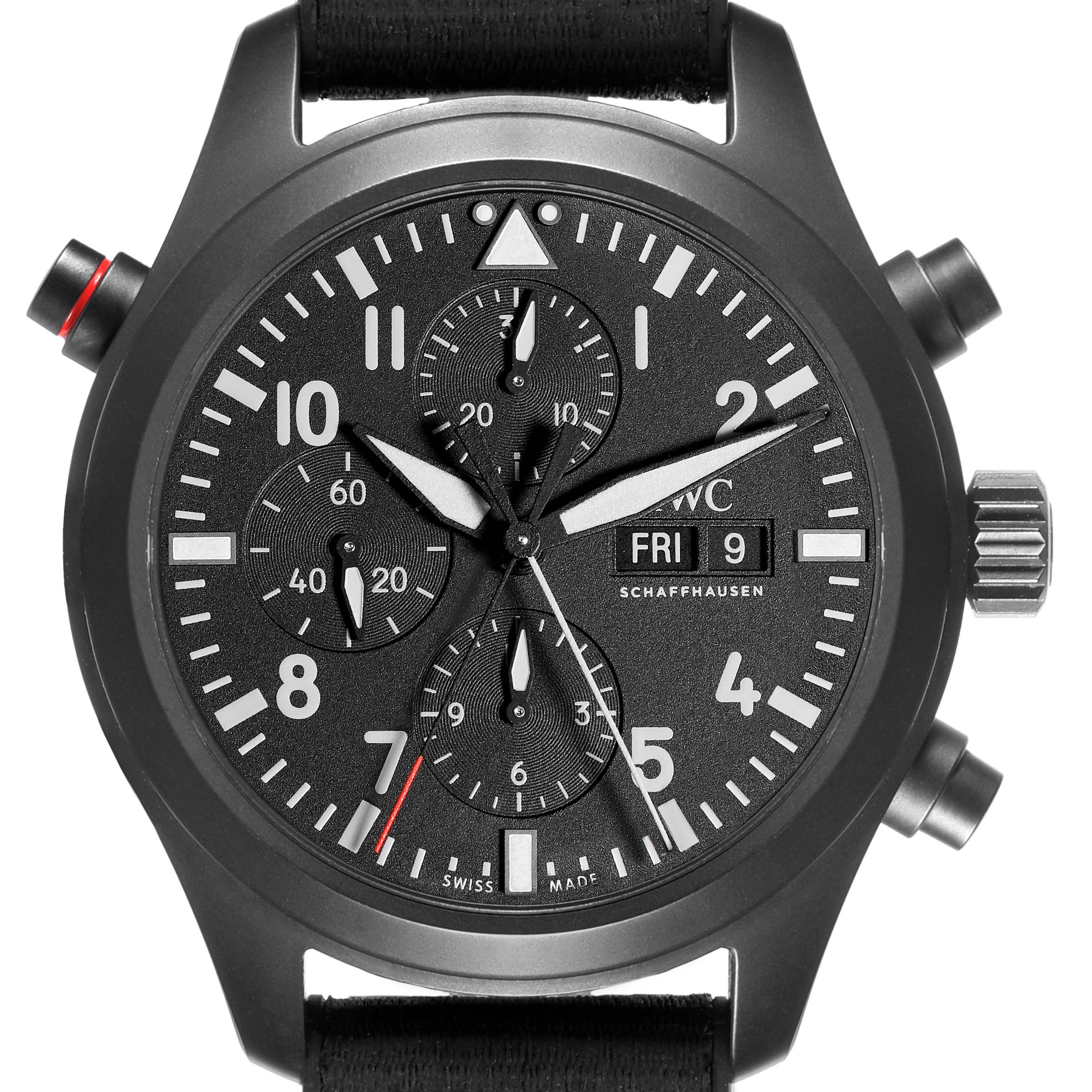 The IWC Pilot IW371815 Men
s Ceramic Black Dial IW371815 Men
s Ceramic Black Dial watch is shown from a front angle, displaying the dial, hands, subdials, and crown.