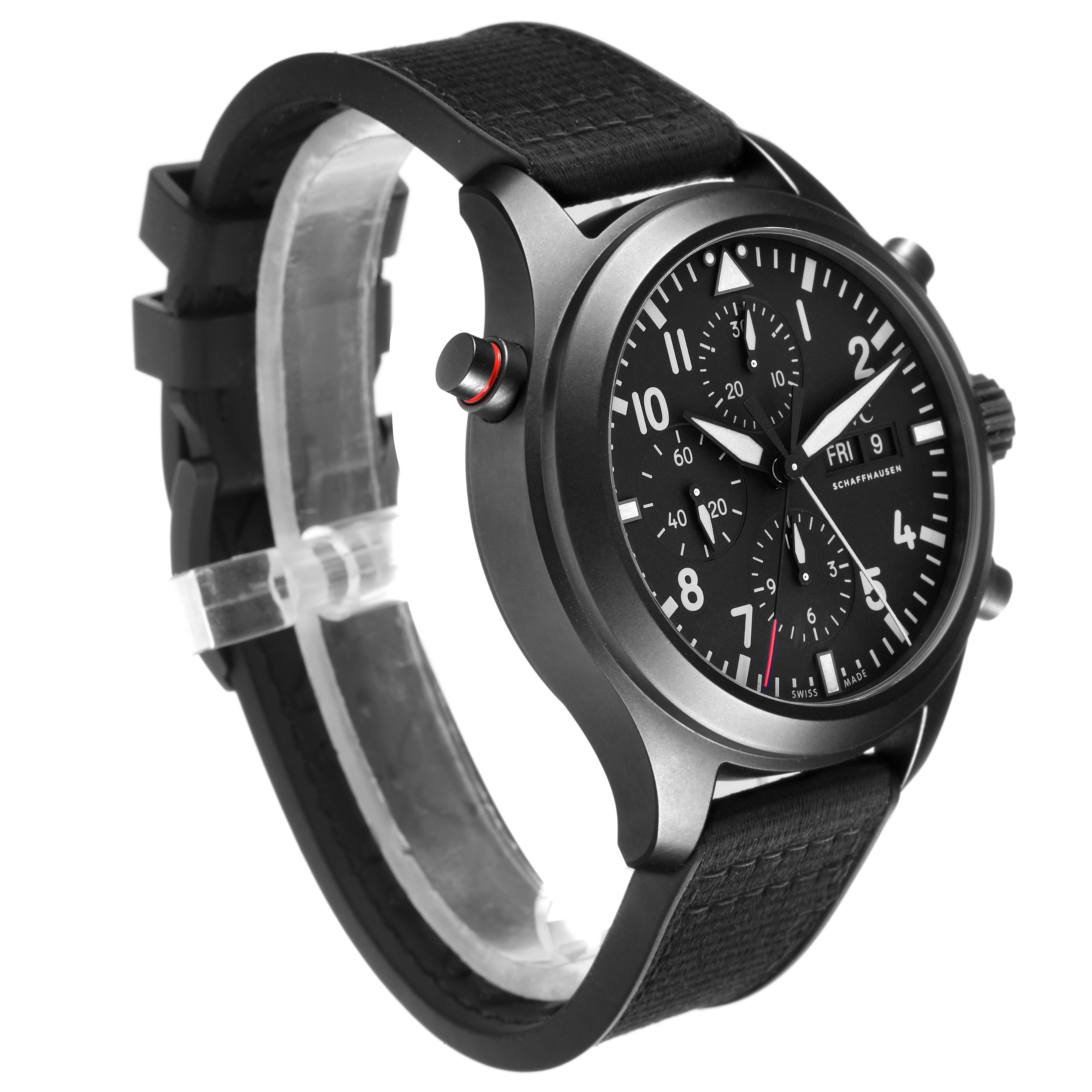 The IWC Pilot IW371815 Men
s Ceramic Black Dial IW371815 Men
s Ceramic Black Dial watch is shown at an angle highlighting the face, bezel, push buttons, and strap.
