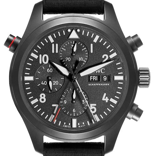 The IWC Pilot watch is shown from the front, highlighting its chronograph dials and date display.