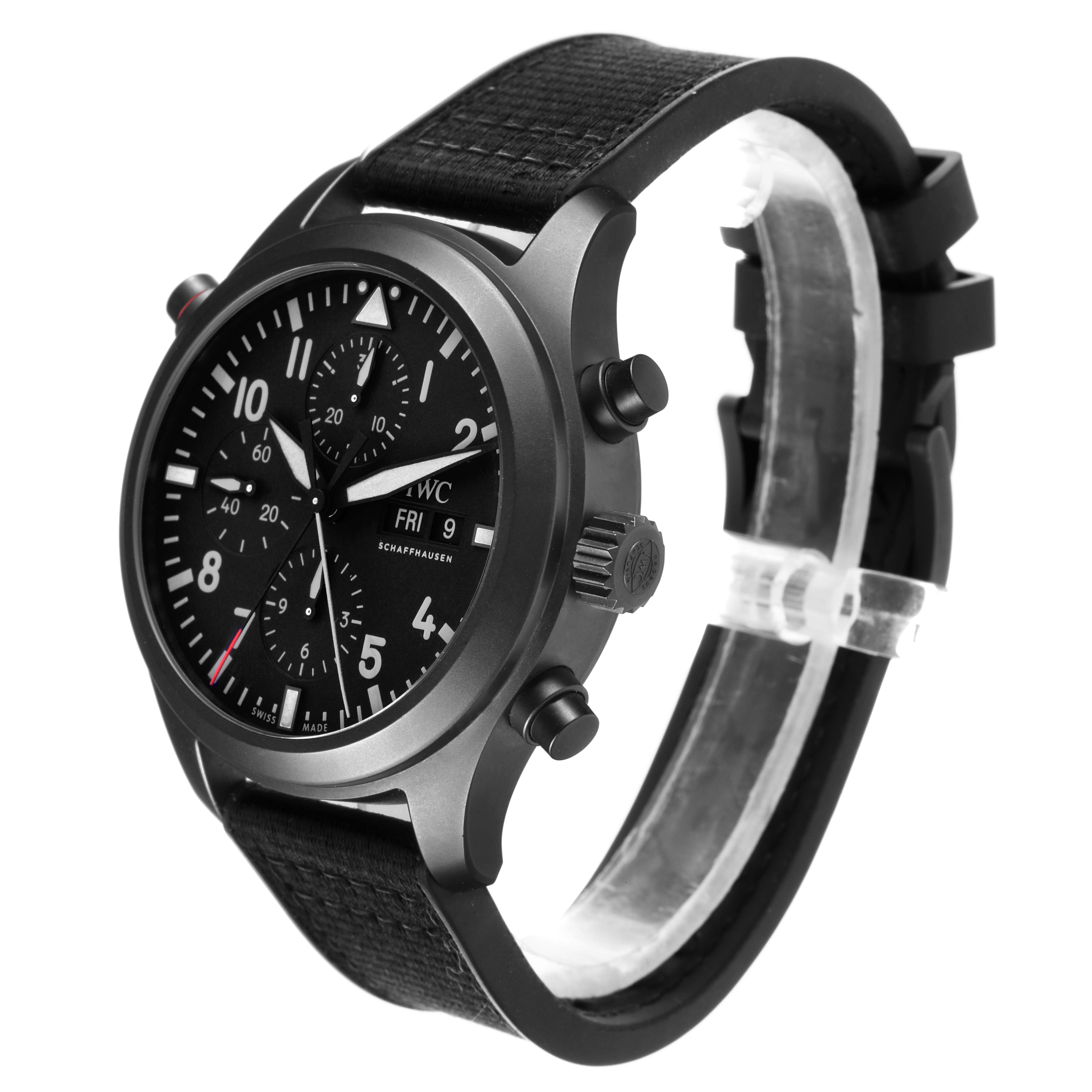 The IWC Pilot IW371815 Men
s Ceramic Black Dial IW371815 Men
s Ceramic Black Dial watch is shown at a three-quarter angle, displaying the face, side pushers, and strap.