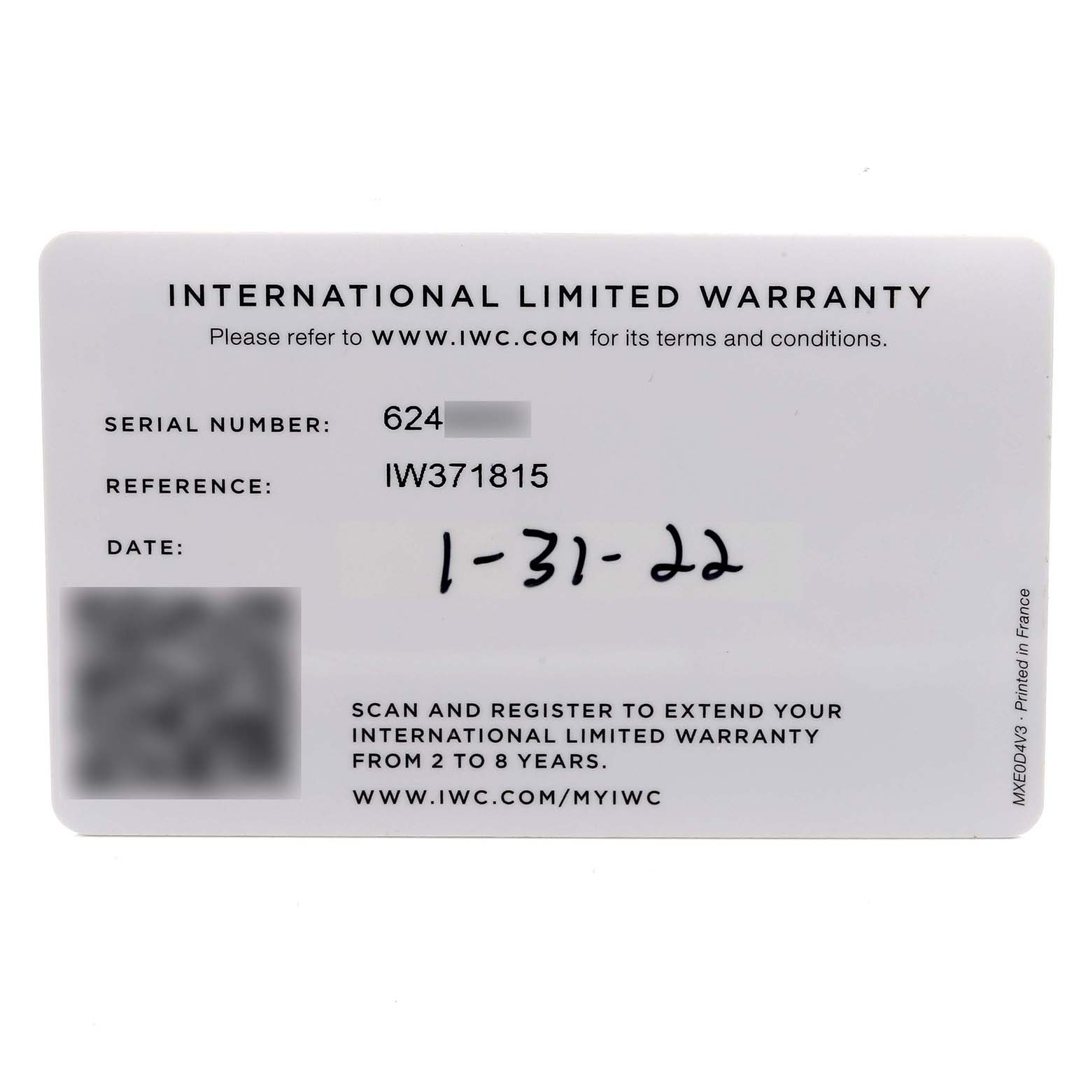 The image shows an IWC Pilot IW371815 Men
s Ceramic Black Dial IW371815 Men
s Ceramic Black Dial model warranty card with serial and reference numbers.