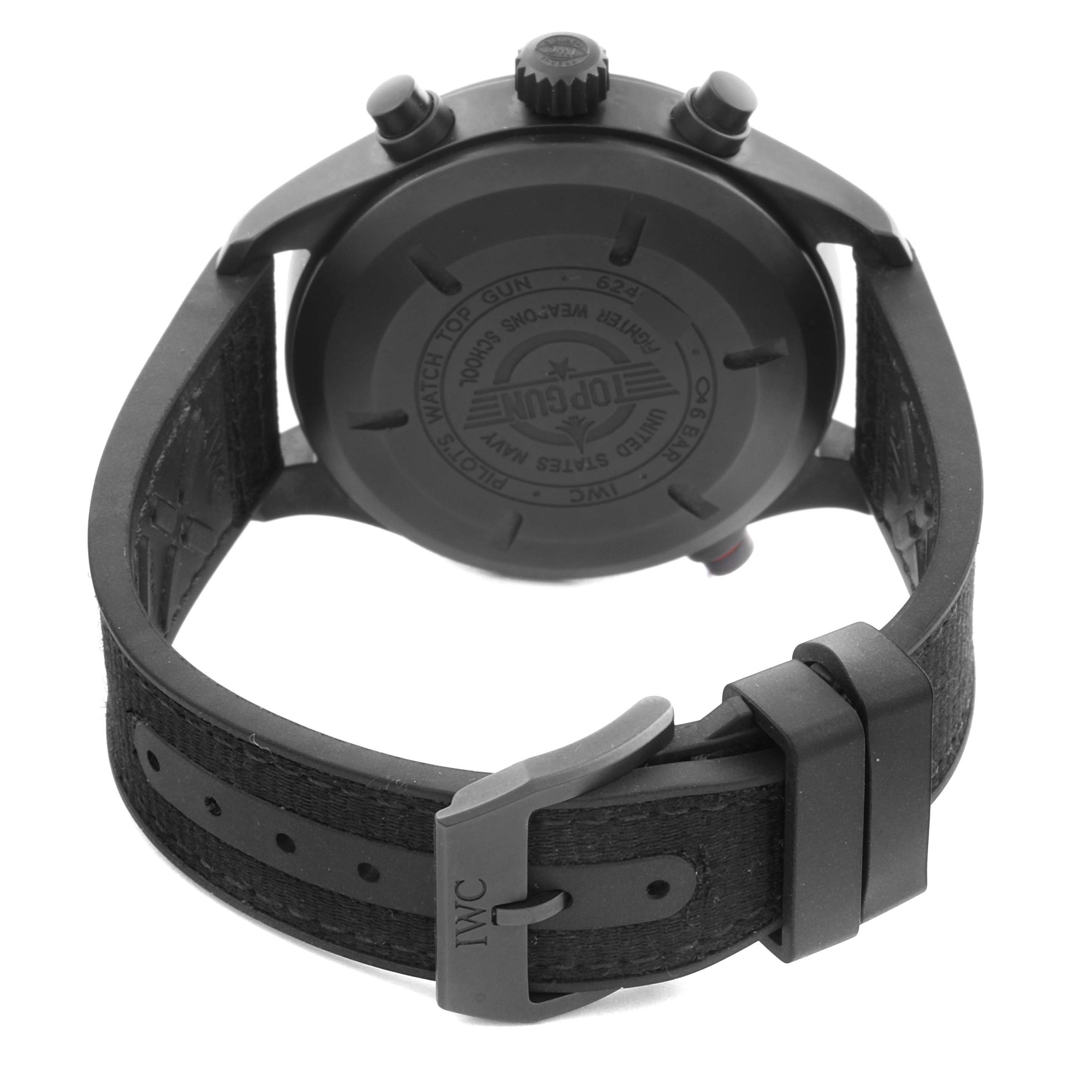 The IWC Pilot IW371815 Men
s Ceramic Black Dial IW371815 Men
s Ceramic Black Dial model watch is shown from a rear angle, displaying the case back, strap, buckle, and crown.