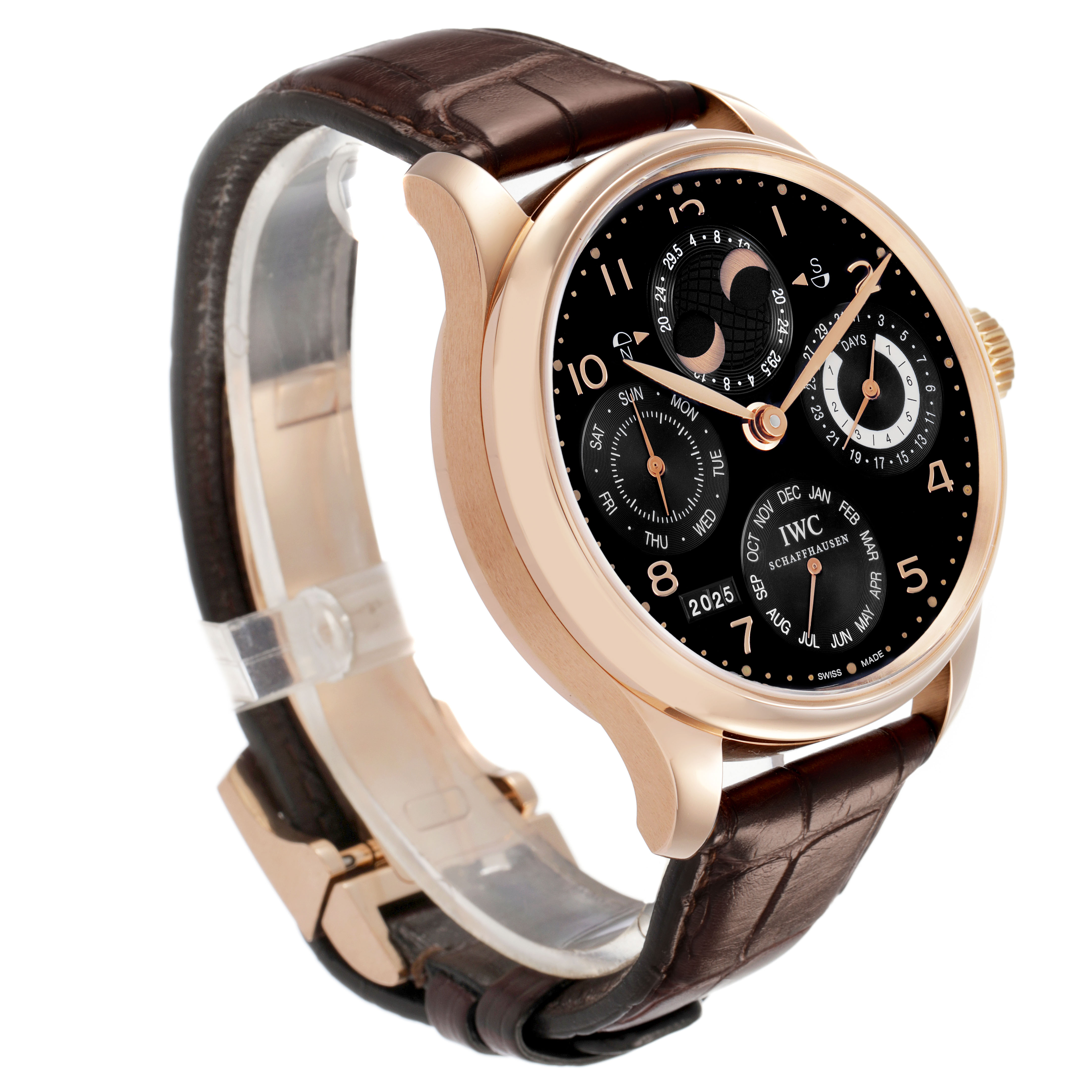The IWC Portuguese IW503202 Men's Rose Gold Black Dial watch is shown from a three-quarter angle highlighting the dial and leather strap.