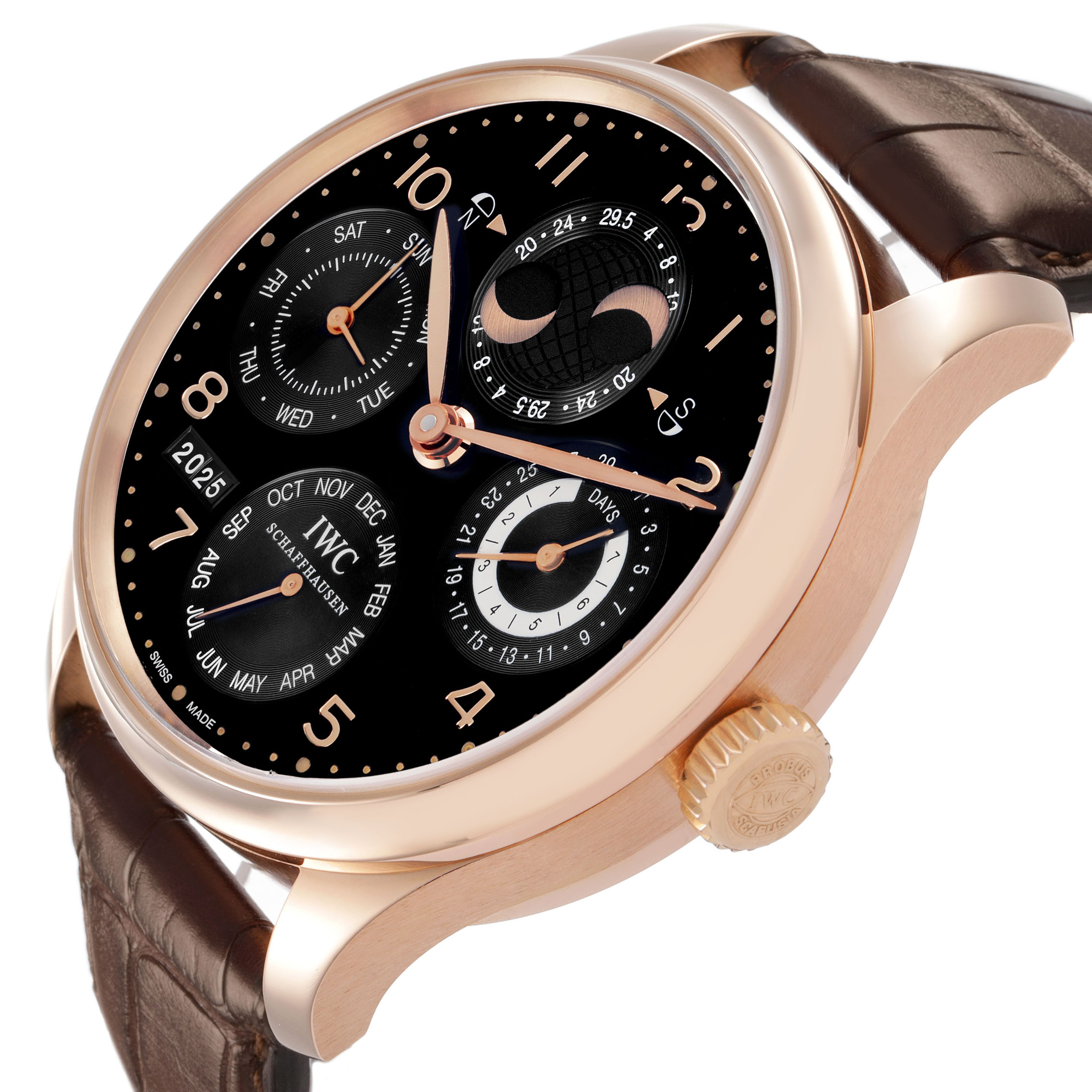 The IWC Portuguese IW503202 Men's Rose Gold Black Dial watch is shown at an angle highlighting its golden case, black dial, subdials, and leather strap.
