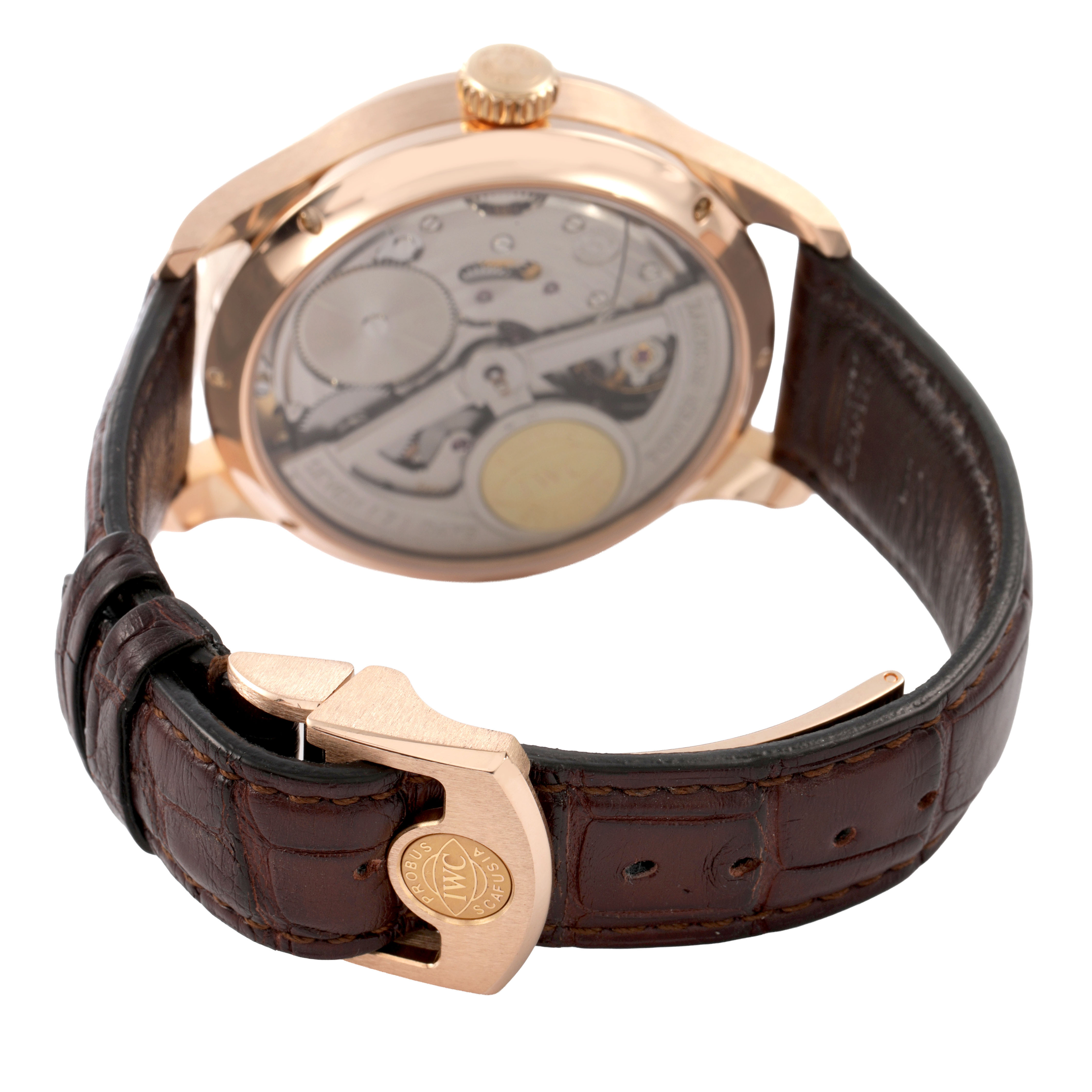 The IWC Portuguese IW503202 Men's Rose Gold Black Dial watch is shown from the back, highlighting its movement, case, and leather strap with clasp.