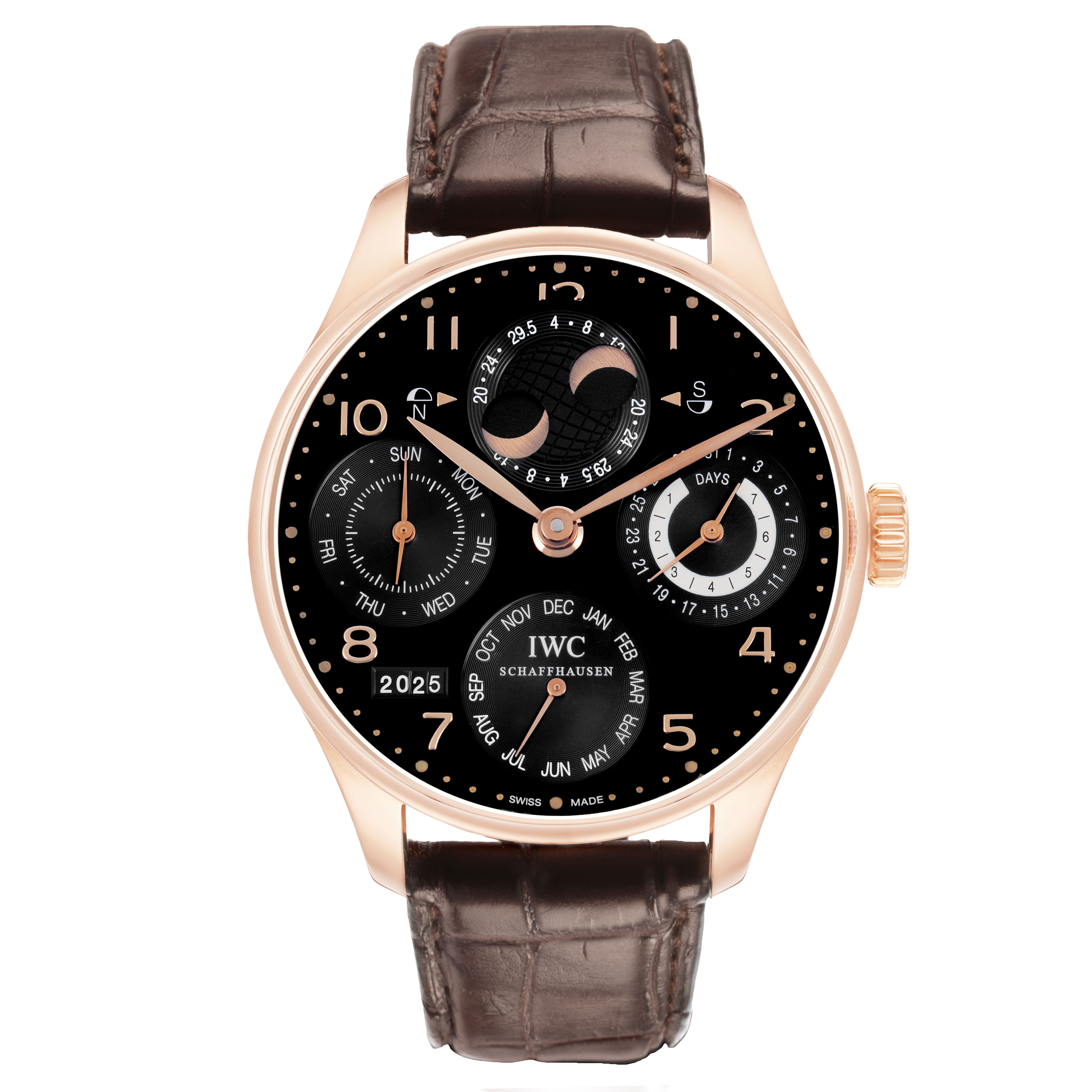 The IWC Portuguese IW503202 Men's Rose Gold Black Dial watch is shown from a front angle, highlighting its black dial, subdials, moon phase, date, and brown leather strap.