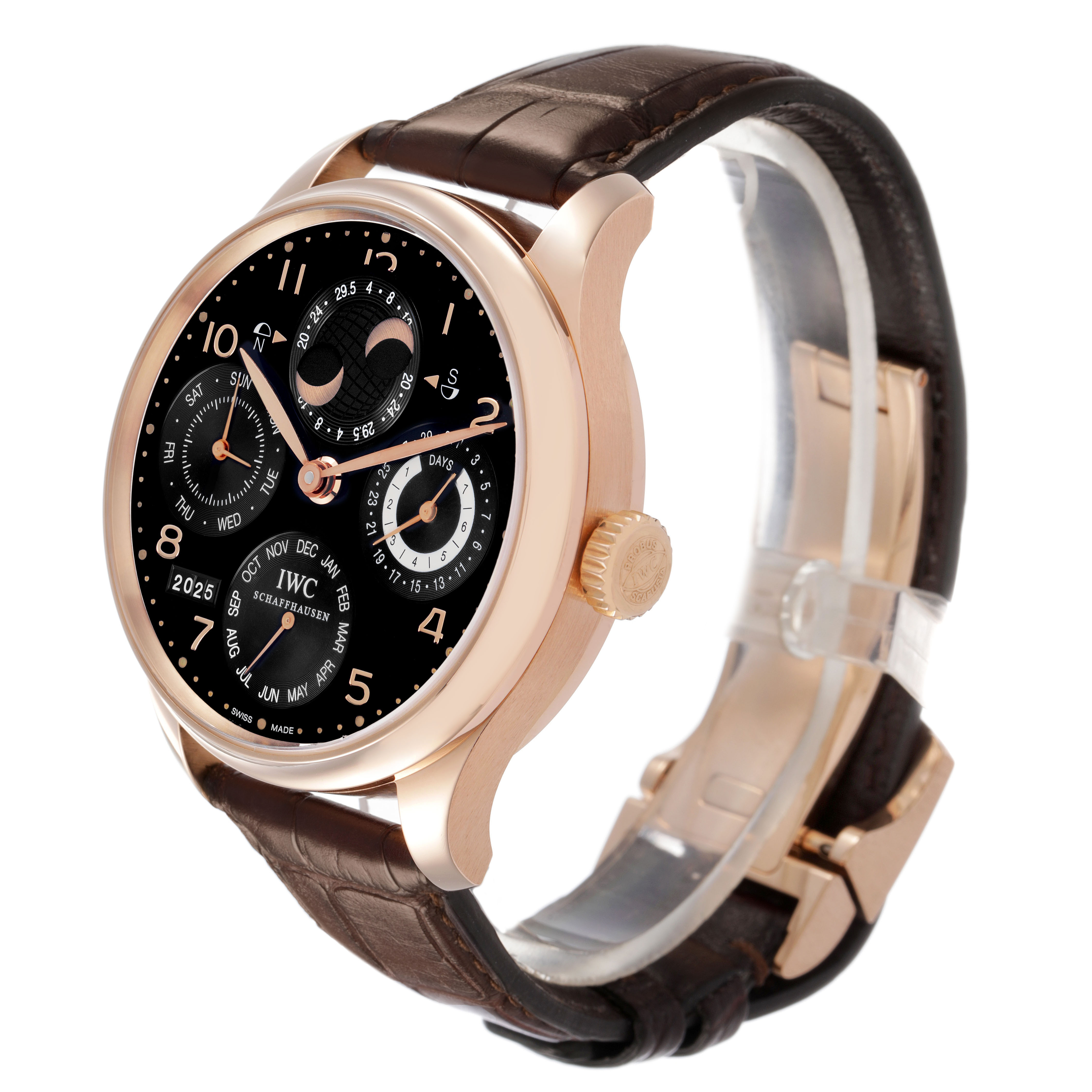 The IWC Portuguese IW503202 Men's Rose Gold Black Dial model watch is shown from a side angle, highlighting the dial, crown, and leather strap.
