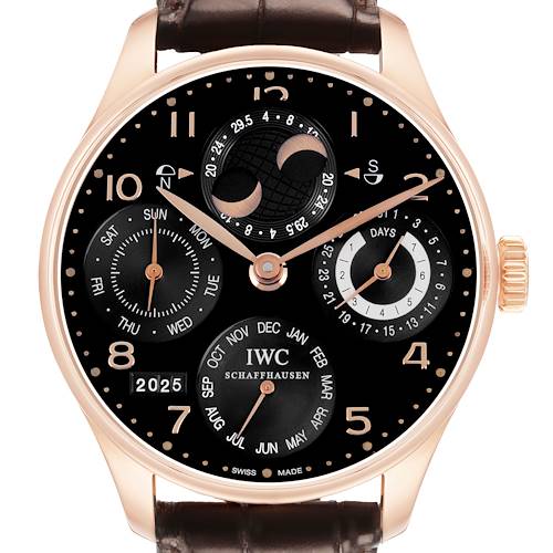 The IWC Portuguese IW503202 Men's Rose Gold Black Dial watch is shown from a front angle, highlighting the dial, subdials, and moon phase.
