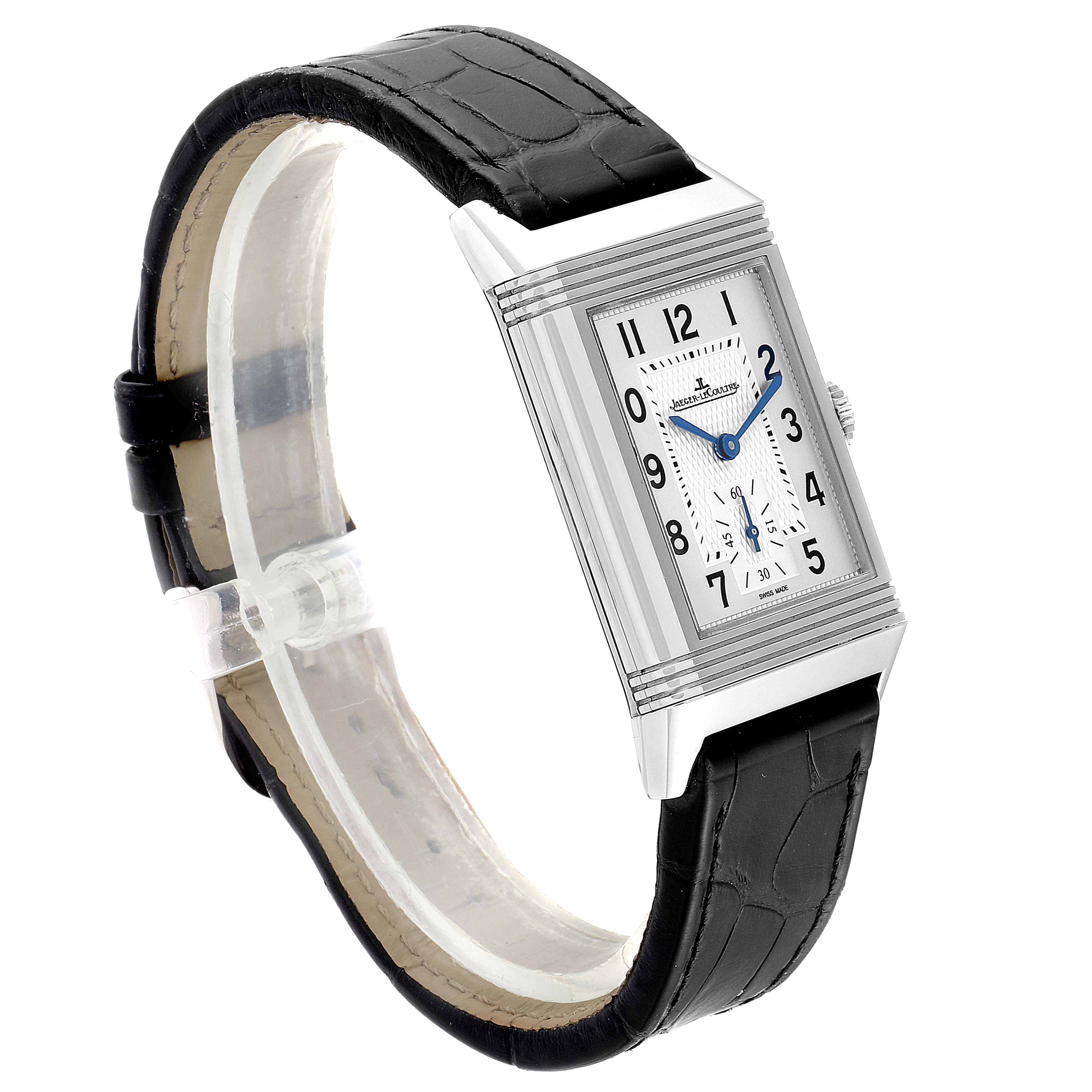 The image shows a side angle of a Jaeger LeCoultre Reverso Q3858520 Men's Stainless Steel Silver Dial Q3858520 Men's Stainless Steel Silver Dial watch with a rectangular case and a black leather strap.