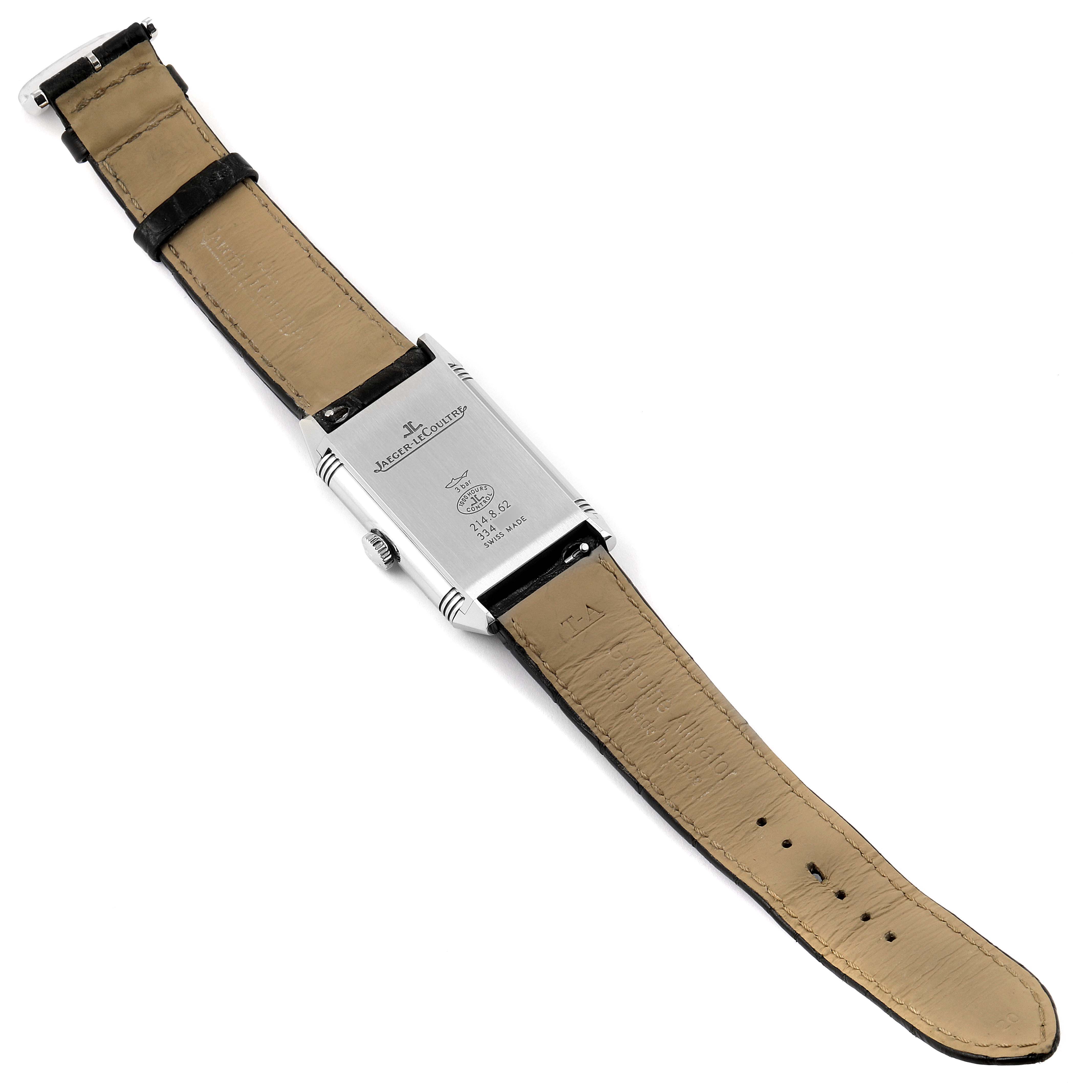 The image shows the back of a Jaeger LeCoultre Reverso Q3858520 Men's Stainless Steel Silver Dial Q3858520 Men's Stainless Steel Silver Dial watch with a full view of the strap.