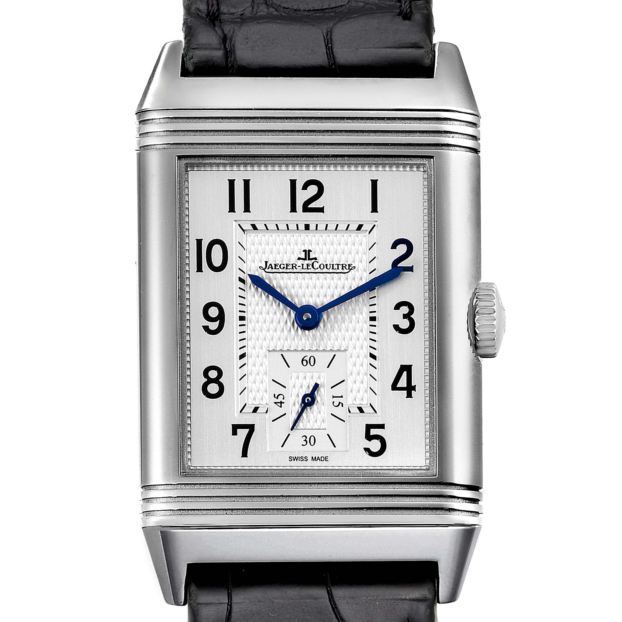 The image shows a front view of the Jaeger-LeCoultre Reverso watch, displaying its silver dial, blue hands, and black leather strap.
