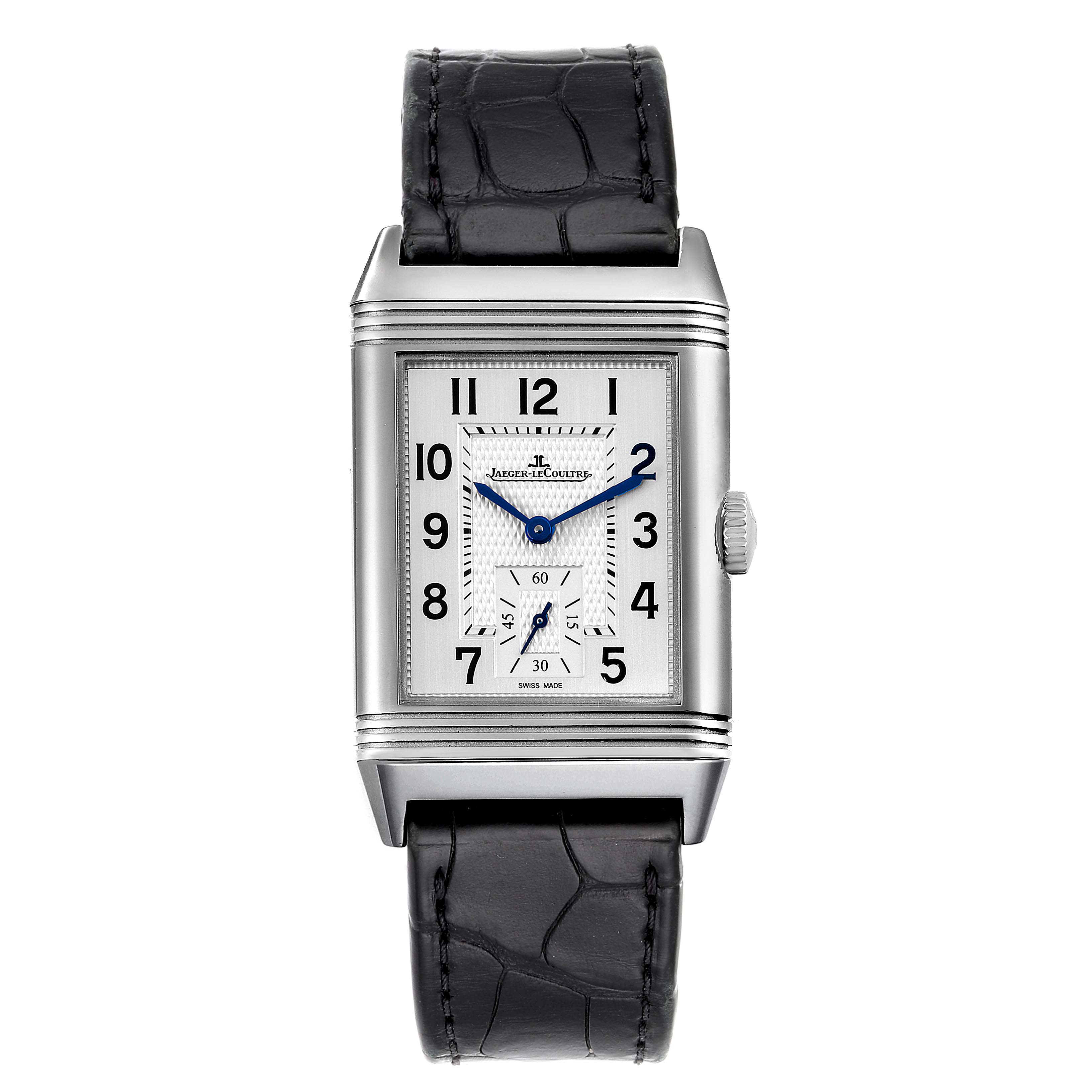 This image shows a front view of the Jaeger-LeCoultre Reverso watch, featuring its rectangular dial, hour markers, and leather strap.