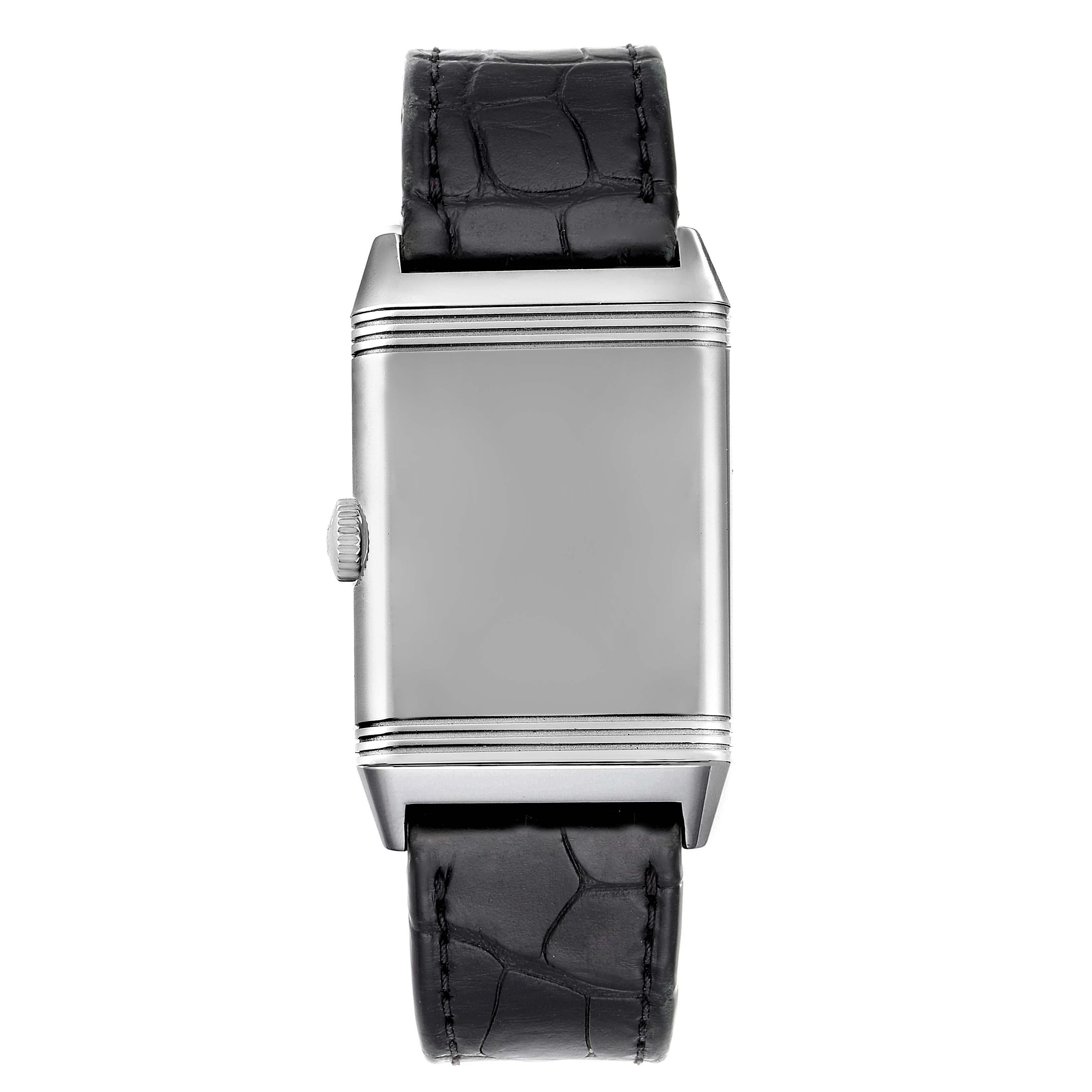 This image shows a front view of the Jaeger LeCoultre Reverso Q3858520 Men's Stainless Steel Silver Dial Q3858520 Men's Stainless Steel Silver Dial watch, highlighting its case, crown, and leather strap.
