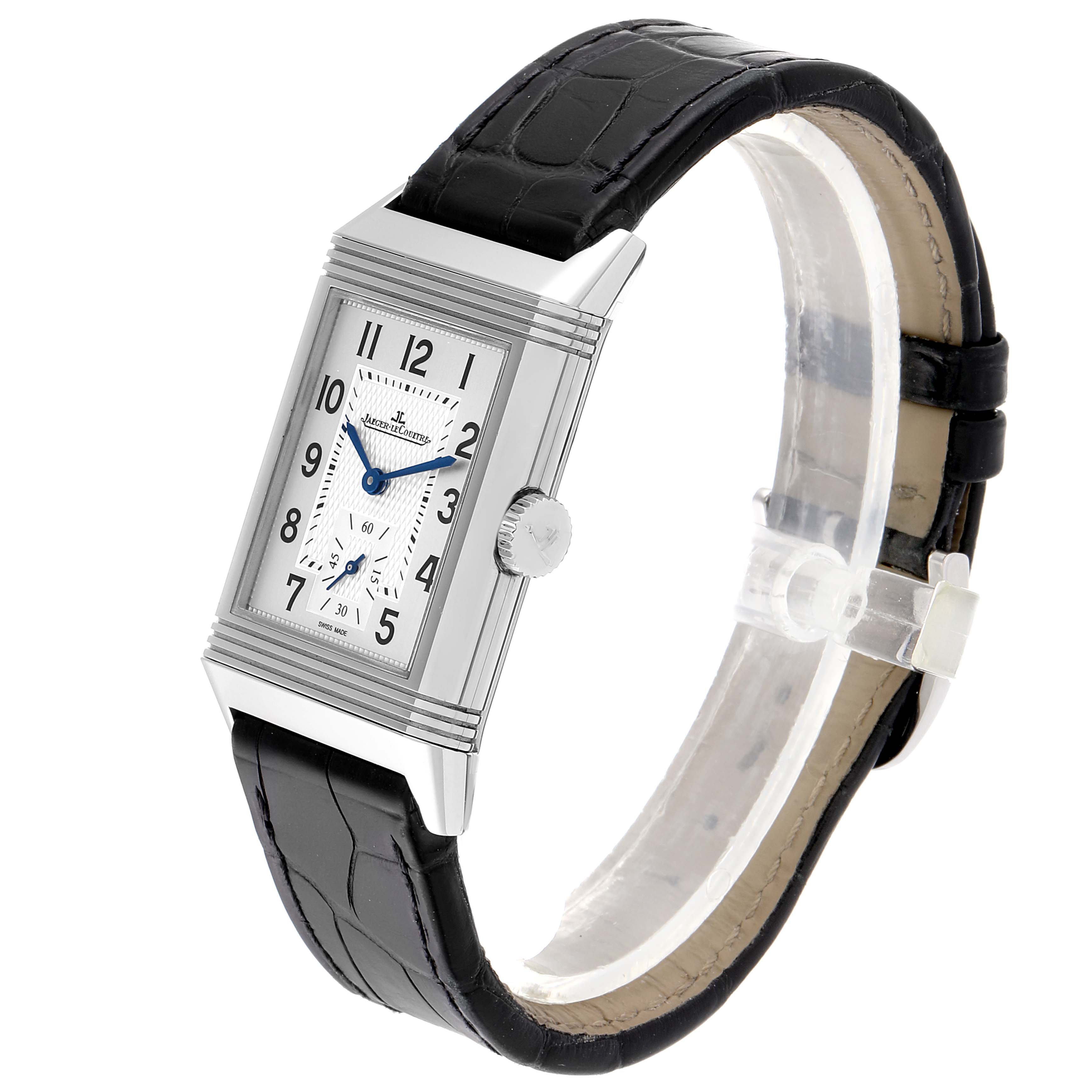 The image shows a Jaeger LeCoultre Reverso Q3858520 Men's Stainless Steel Silver Dial Q3858520 Men's Stainless Steel Silver Dial watch from a side angle, displaying its rectangular face, dial, crown, and leather strap.