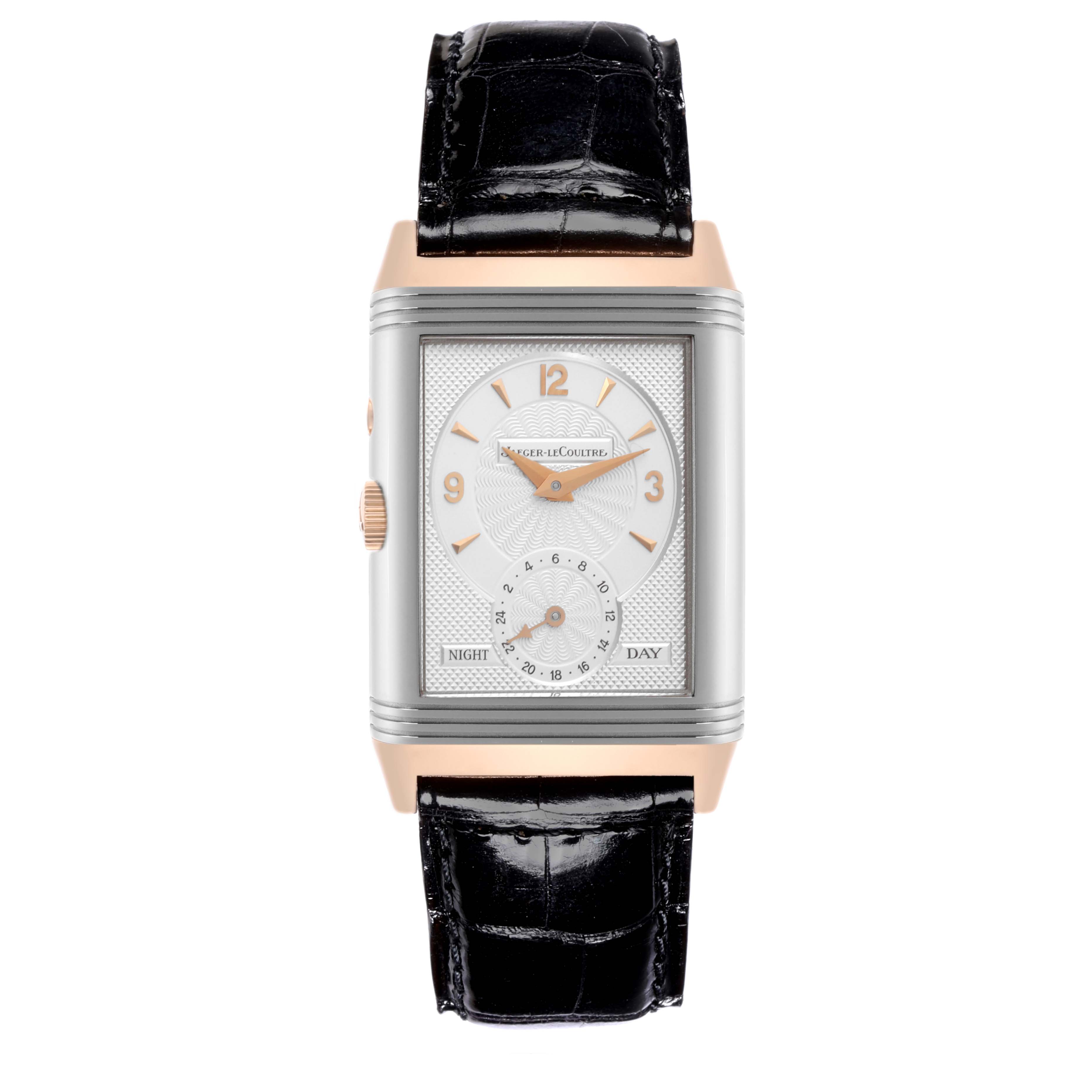 The Jaeger-LeCoultre Reverso model is shown from a straight-on angle, displaying the face and strap.
