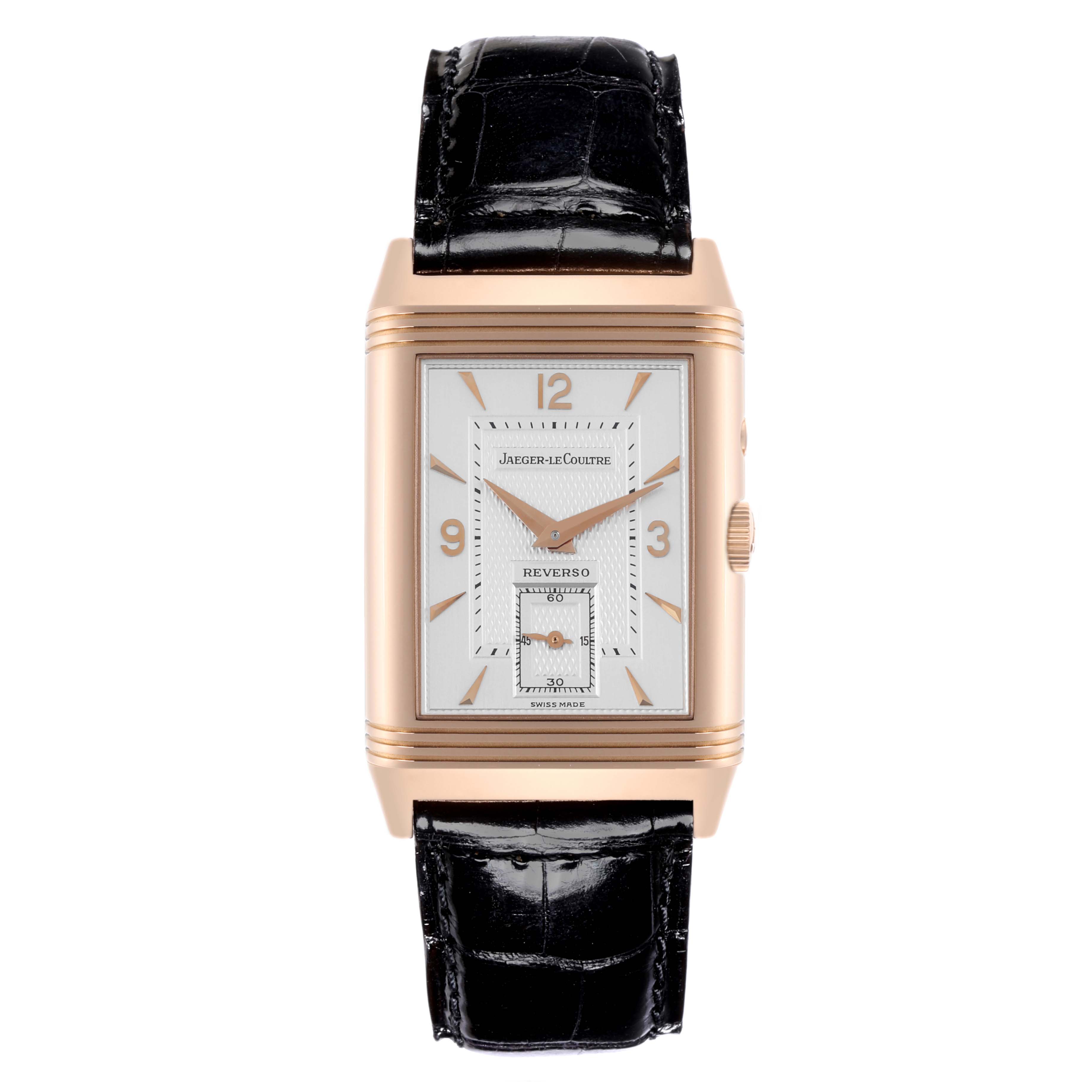 The Jaeger-LeCoultre Reverso model is shown from the front, displaying the dial, case, and strap.