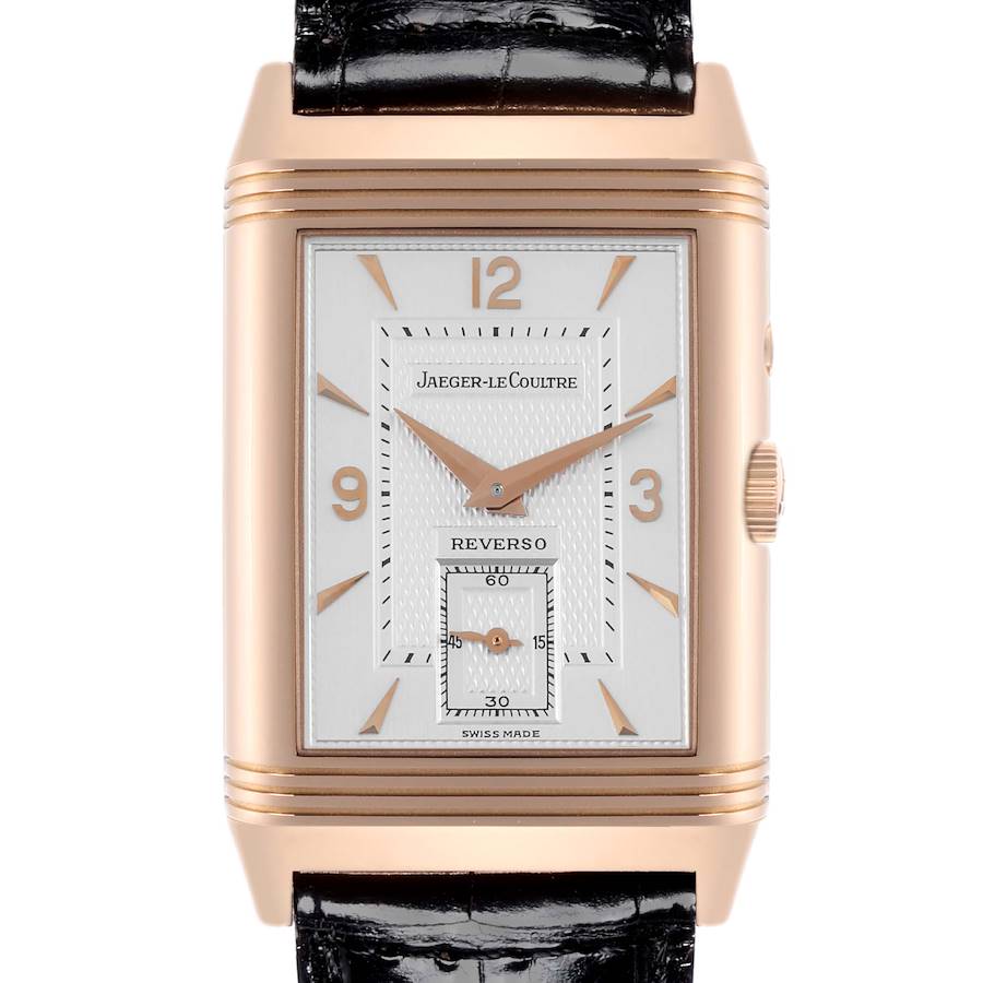 The Jaeger-LeCoultre Reverso watch is shown from the front, displaying the dial, hands, and case.