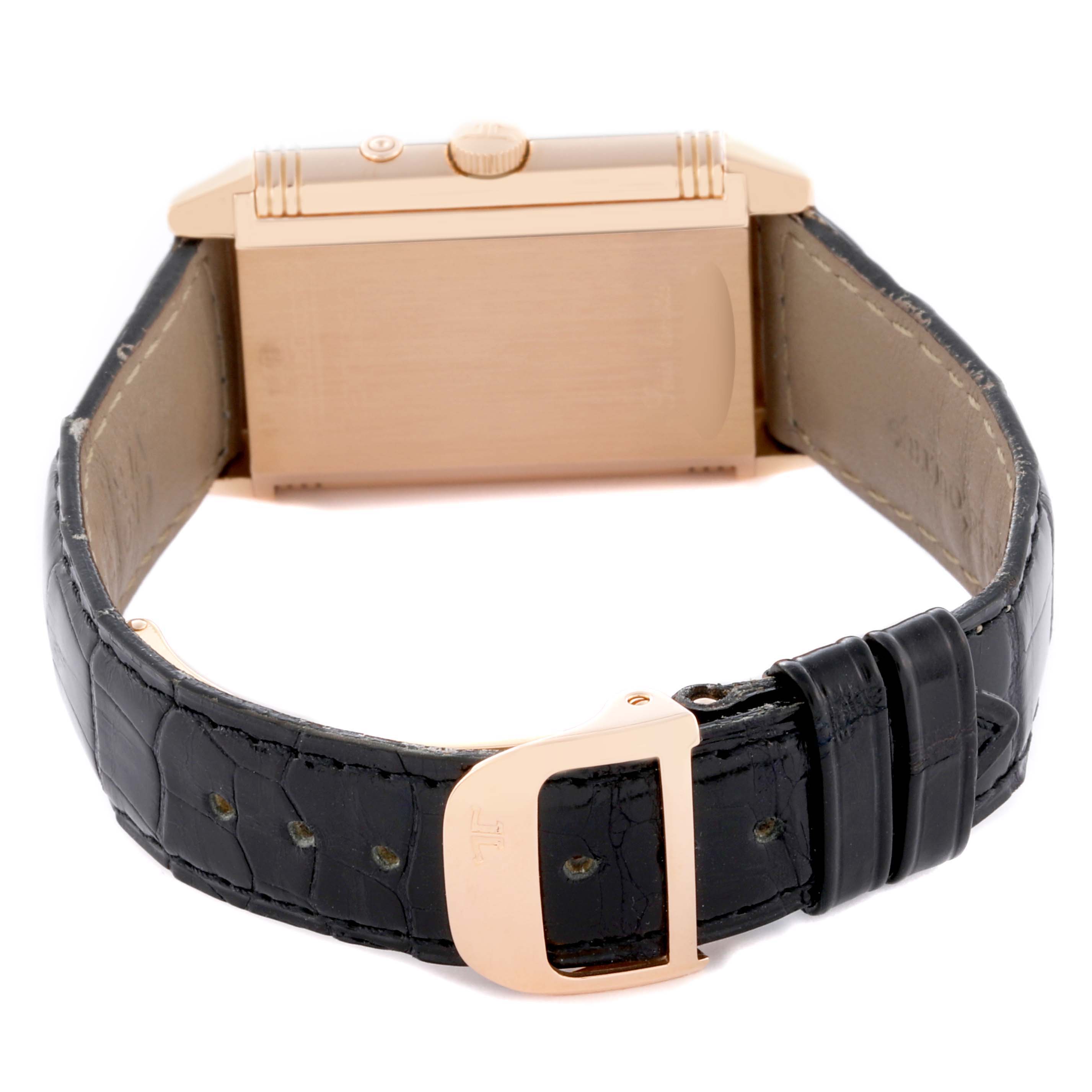 The image shows the back case, side, and clasp of a Jaeger-LeCoultre Reverso watch.