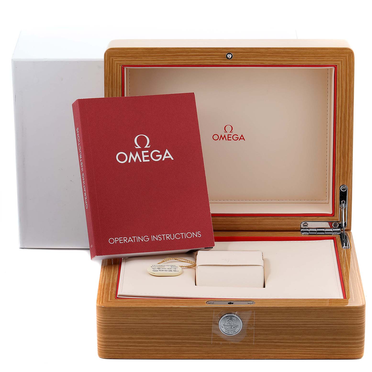 The image shows an Omega Aqua Terra 231.12.42.21.01.002 Men's Stainless Steel Black Dial 231.12.42.21.01.002 Men's Stainless Steel Black Dial box, instruction manual, and watch accessories, including a tag and cushion.