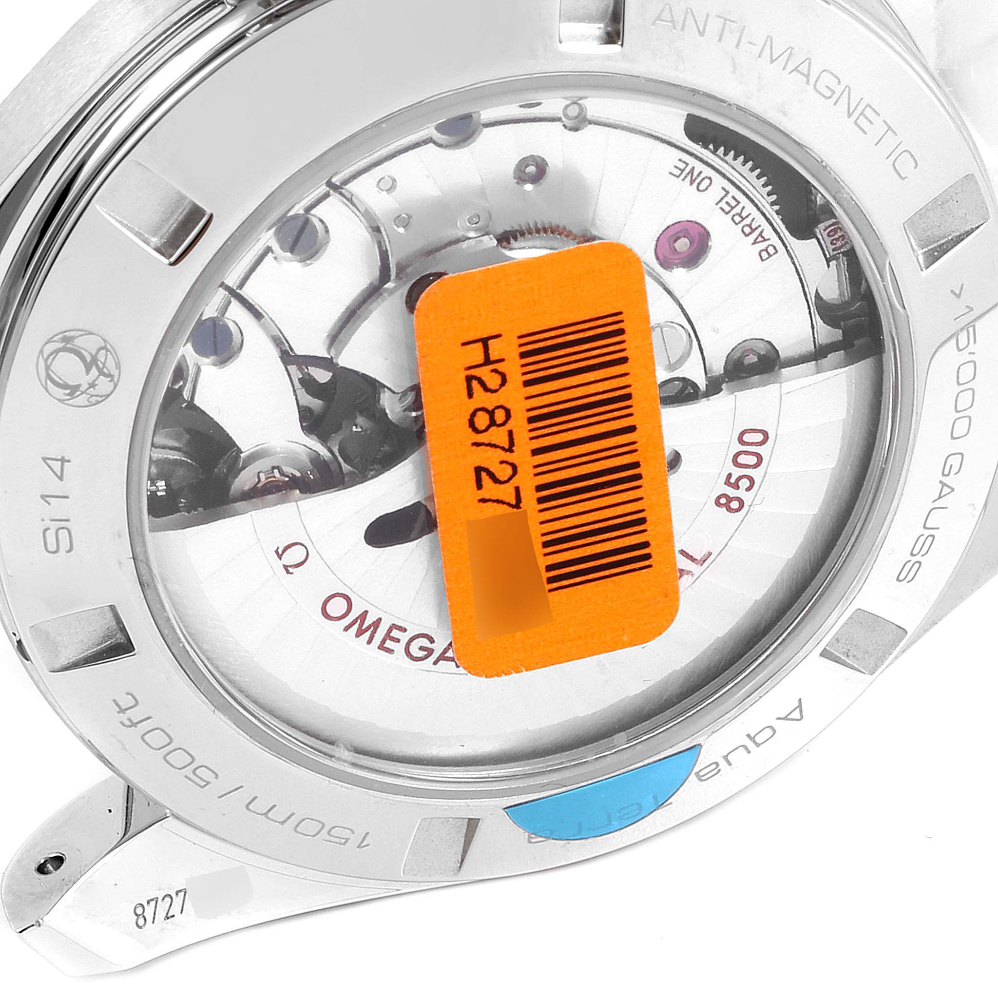 This image shows the back of the Omega Aqua Terra 231.12.42.21.01.002 Men's Stainless Steel Black Dial 231.12.42.21.01.002 Men's Stainless Steel Black Dial watch, highlighting the visible movement and anti-magnetic feature.