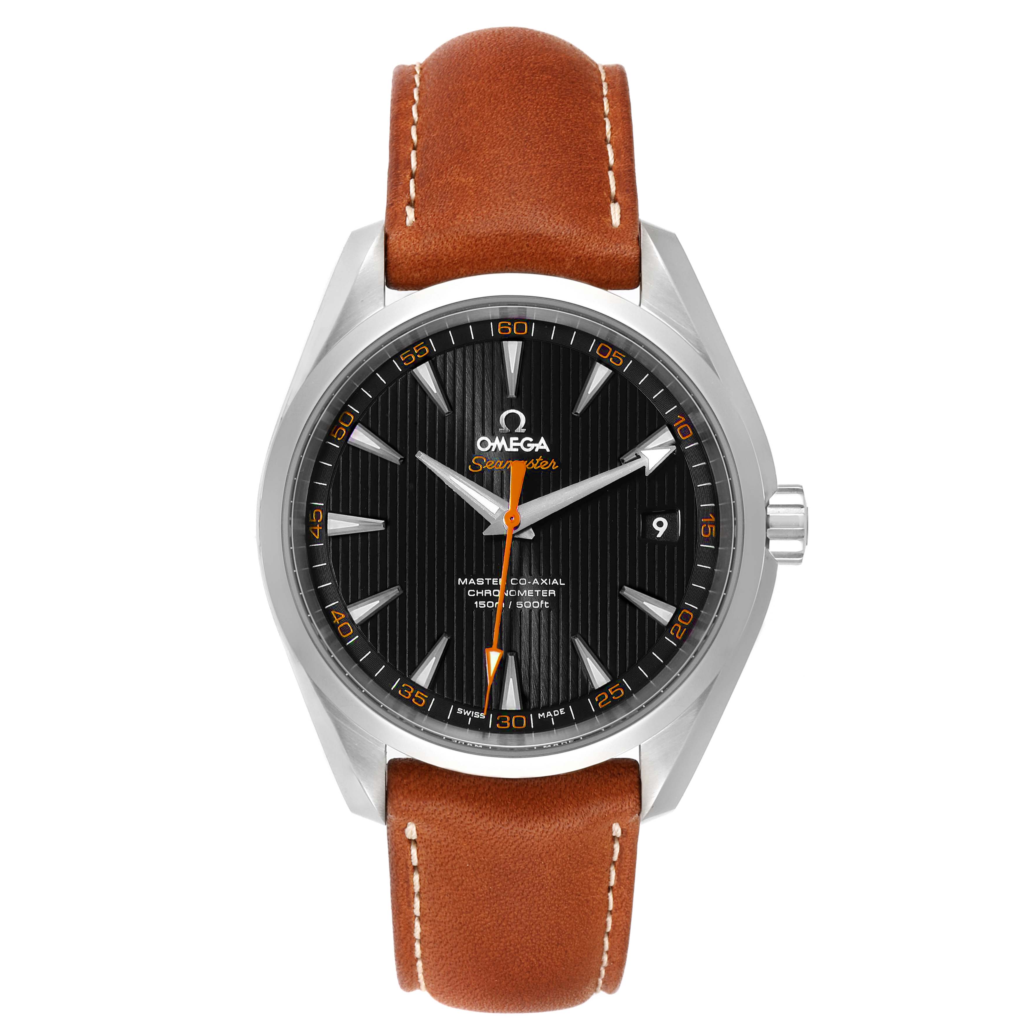 The Omega Aqua Terra 231.12.42.21.01.002 Men's Stainless Steel Black Dial 231.12.42.21.01.002 Men's Stainless Steel Black Dial watch is shown in a front-facing angle with a brown leather strap and a black dial.