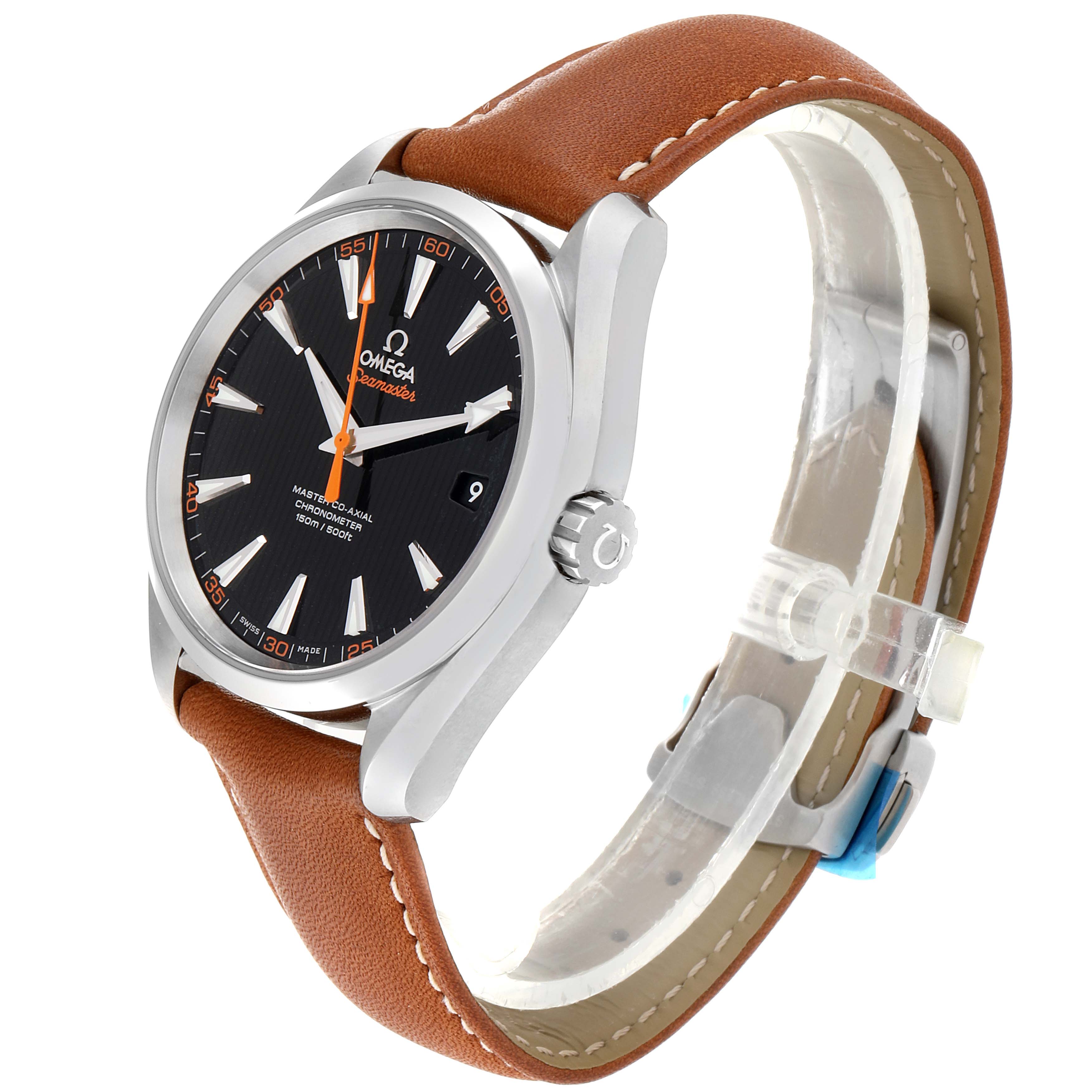 The image shows an angled view of the Omega Aqua Terra 231.12.42.21.01.002 Men's Stainless Steel Black Dial 231.12.42.21.01.002 Men's Stainless Steel Black Dial watch, highlighting its face, case, and brown leather strap.