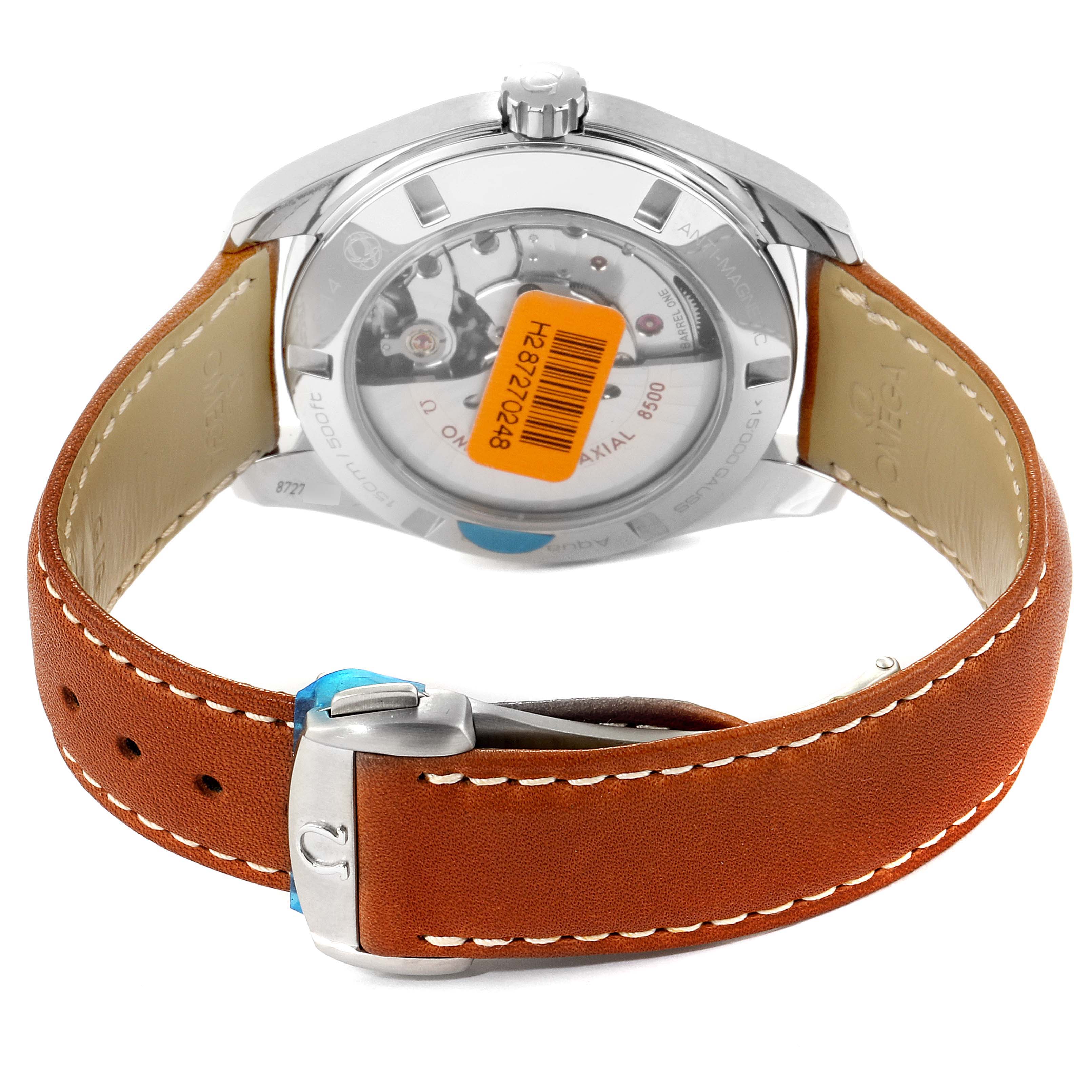 The image shows the back view of an Omega Aqua Terra 231.12.42.21.01.002 Men's Stainless Steel Black Dial 231.12.42.21.01.002 Men's Stainless Steel Black Dial watch, highlighting the transparent case back and leather strap.