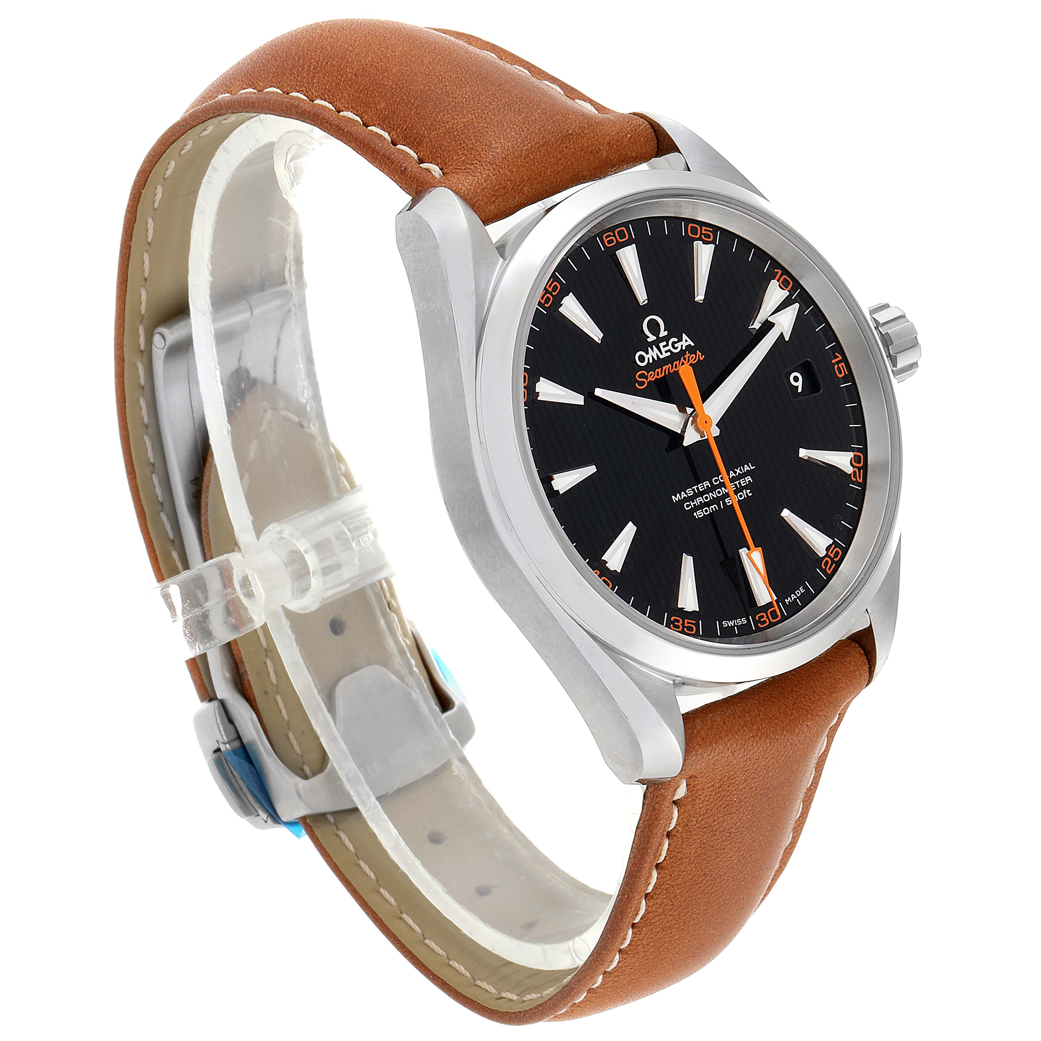 The image shows an Omega Aqua Terra 231.12.42.21.01.002 Men's Stainless Steel Black Dial 231.12.42.21.01.002 Men's Stainless Steel Black Dial watch at an angle, highlighting its brown leather strap and black dial with orange and white details.