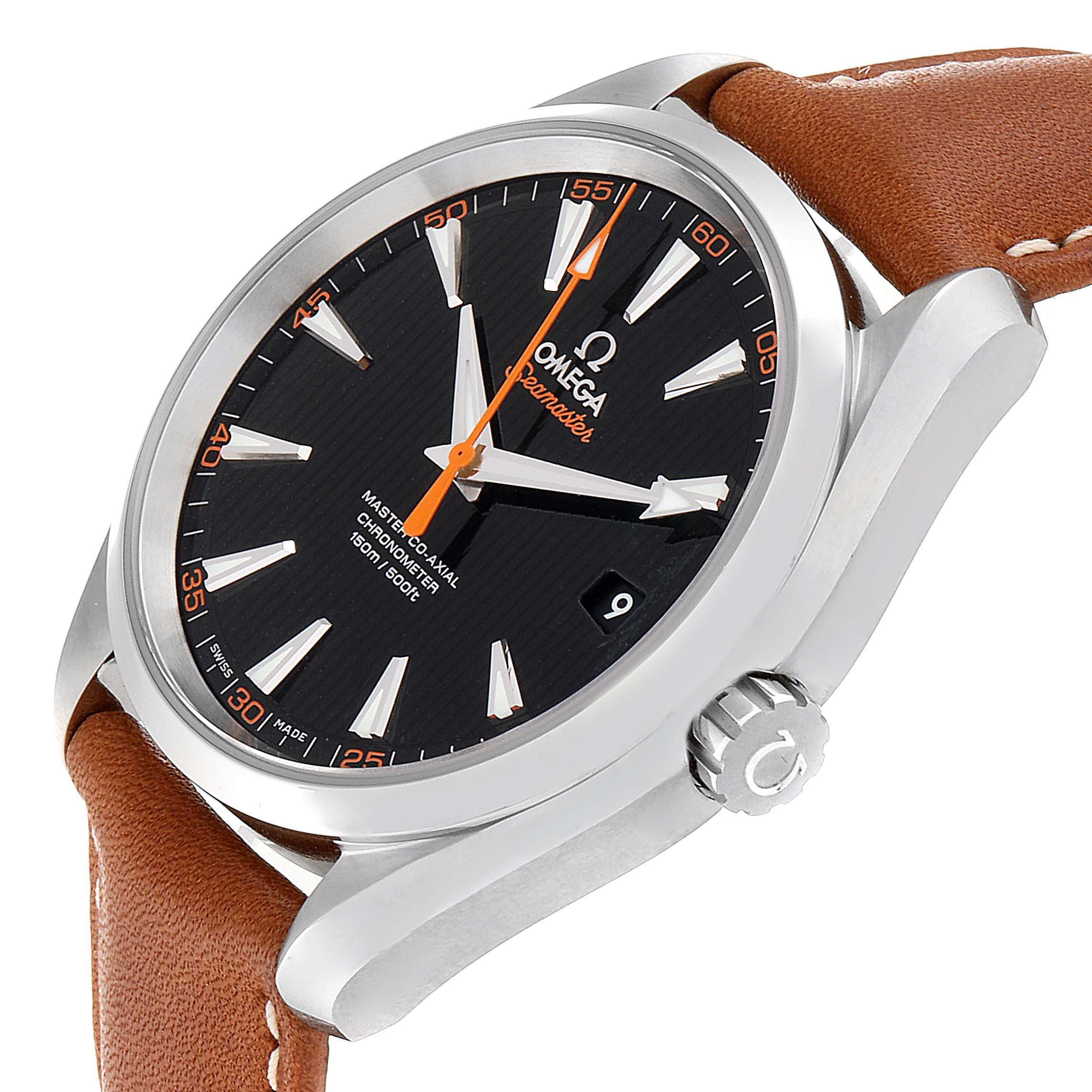 The image shows an angled side view of the Omega Aqua Terra 231.12.42.21.01.002 Men's Stainless Steel Black Dial 231.12.42.21.01.002 Men's Stainless Steel Black Dial watch, displaying the dial, crown, and brown leather strap.