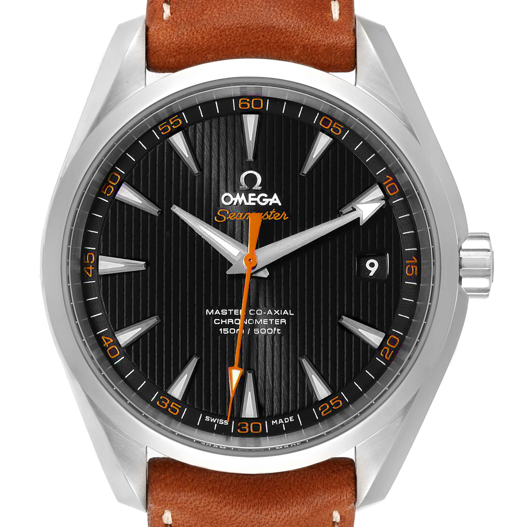 A close-up, front view of the Omega Aqua Terra 231.12.42.21.01.002 Men's Stainless Steel Black Dial 231.12.42.21.01.002 Men's Stainless Steel Black Dial watch, showing its black dial, orange accents, and brown leather strap.