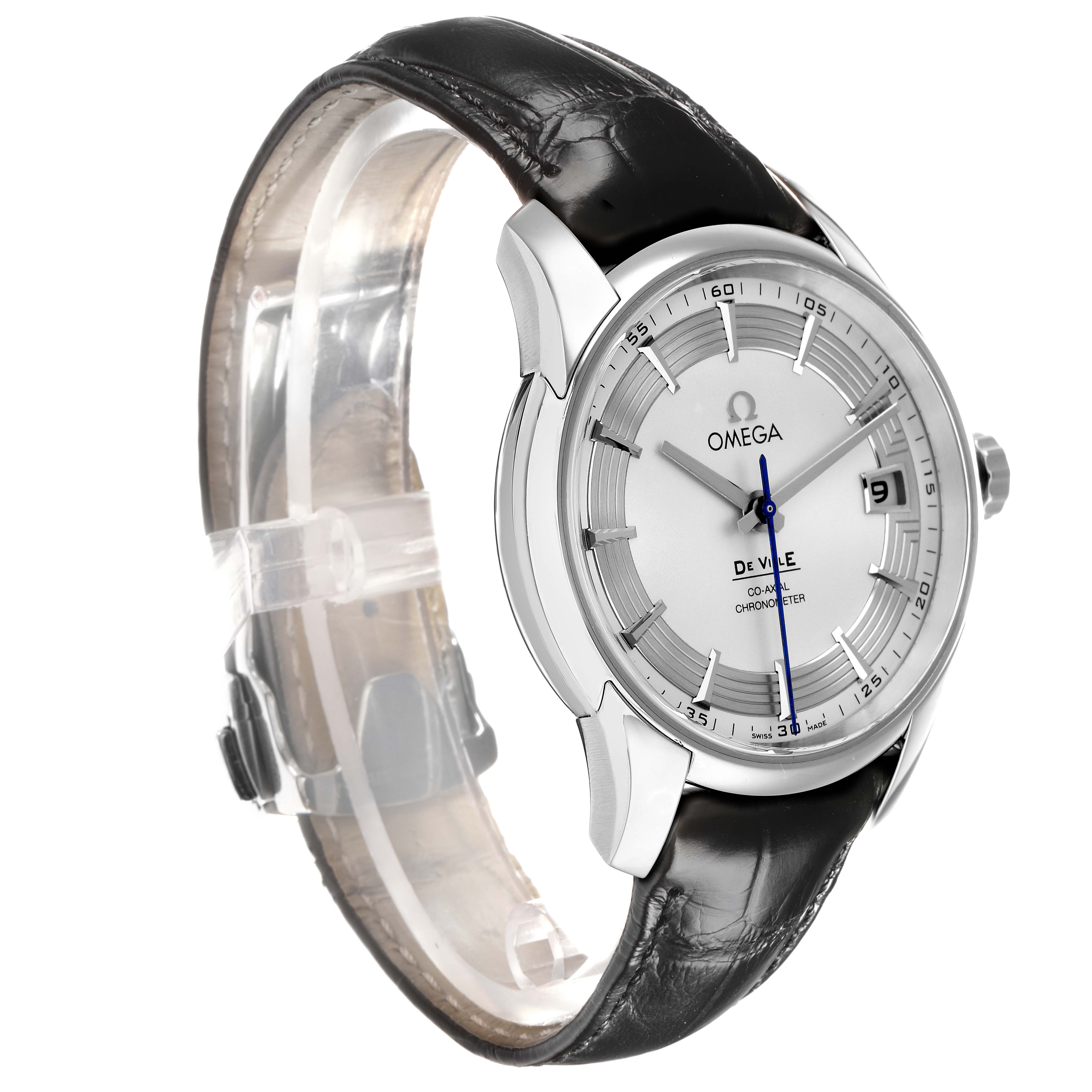 The image shows an Omega De Ville 431.33.41.21.02.001 Men
s Stainless Steel Silver Dial watch angled from the front-left, displaying the dial, hands, date window, and black leather strap.