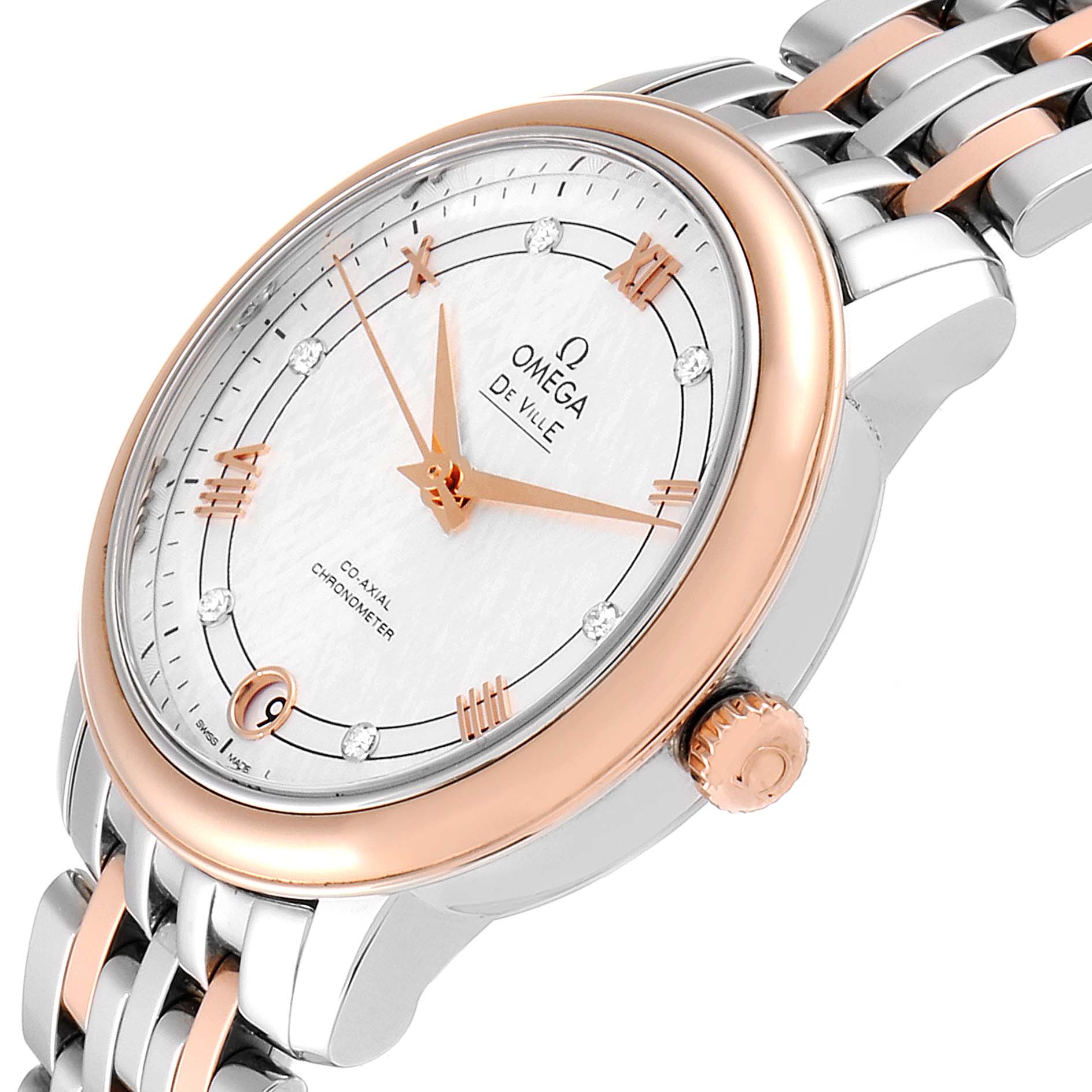 The Omega 424.20.33.20.52.003 Women's Rose Gold Silver Dial 424.20.33.20.52.003 Women's Rose Gold Silver Dial DeVille Prestige Steel Rose Gold Diamond Watch 424.20.33.20.52.003 is shown from an angle highlighting the dial, casing, and part of the bracelet.