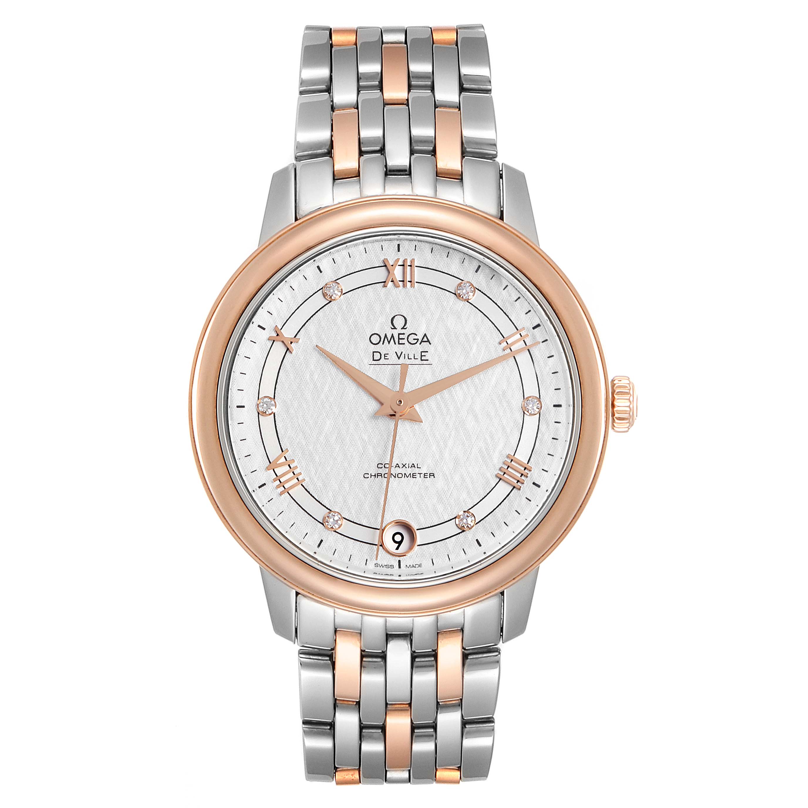 The Omega 424.20.33.20.52.003 Women's Rose Gold Silver Dial 424.20.33.20.52.003 Women's Rose Gold Silver Dial DeVille Prestige Steel Rose Gold Diamond Watch 424.20.33.20.52.003 is shown from a frontal angle, displaying its face and bracelet.