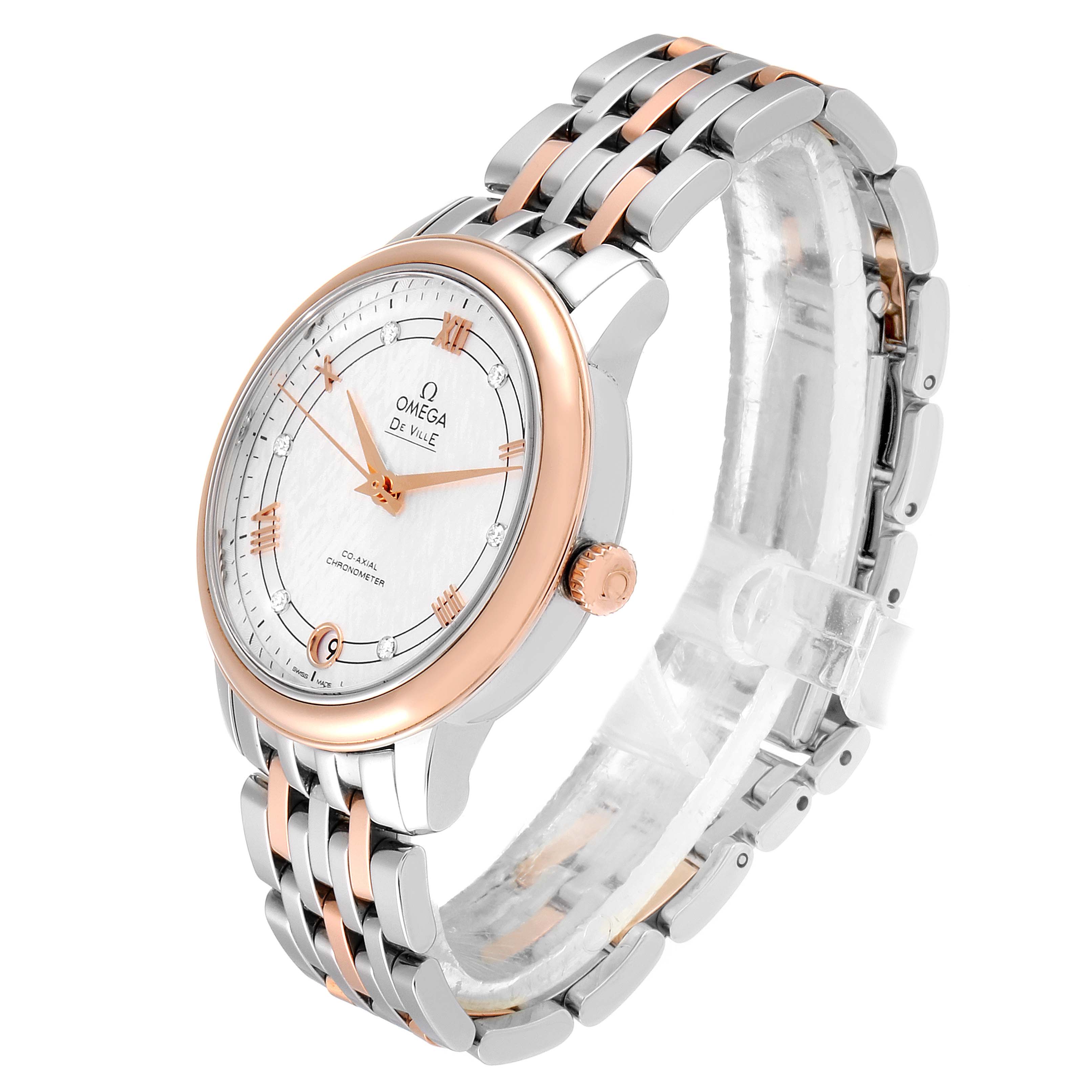 The image shows the Omega 424.20.33.20.52.003 Women's Rose Gold Silver Dial 424.20.33.20.52.003 Women's Rose Gold Silver Dial DeVille Prestige Steel Rose Gold Diamond Watch 424.20.33.20.52.003 at a three-quarter angle, displaying the face and bracelet.