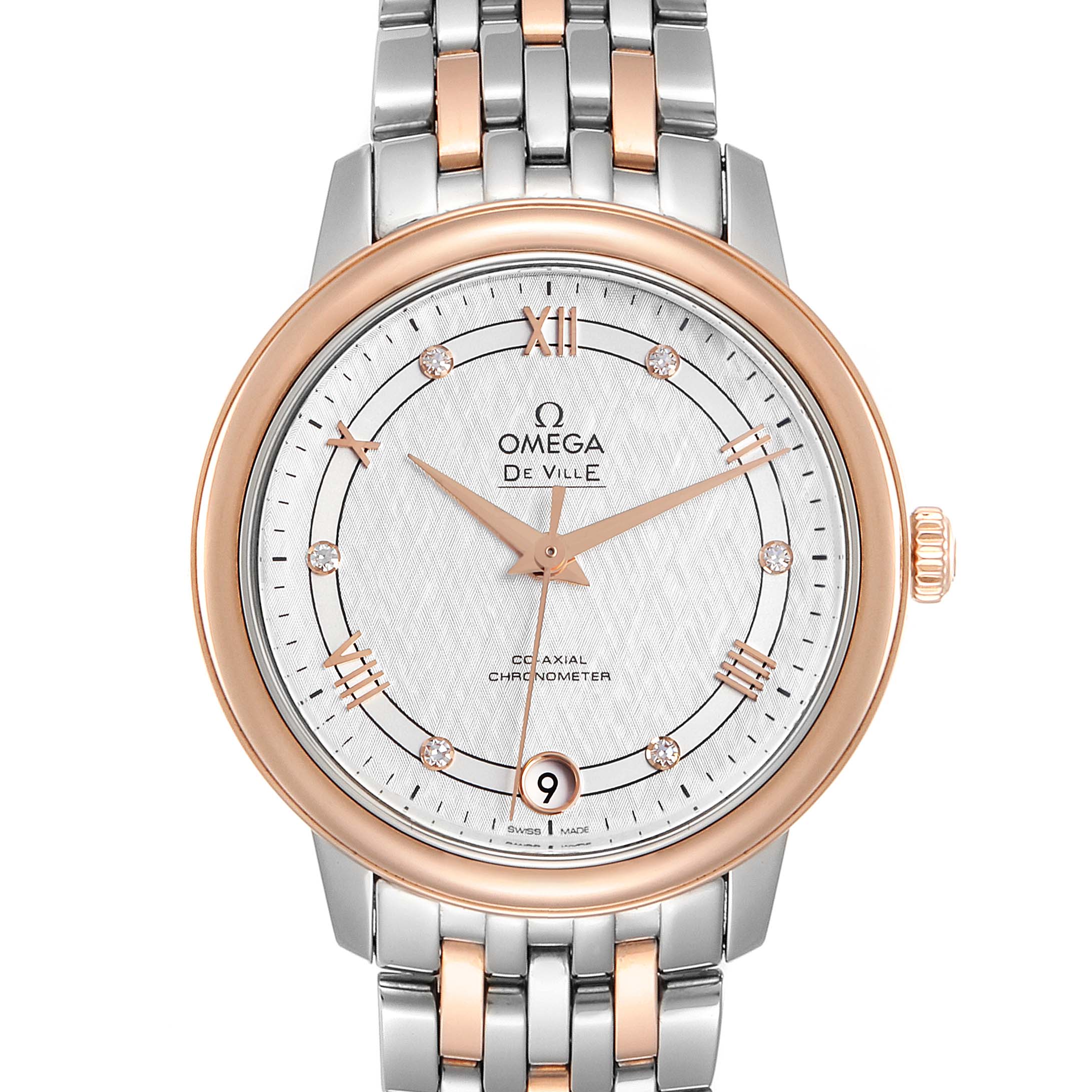 The Omega 424.20.33.20.52.003 Women's Rose Gold Silver Dial 424.20.33.20.52.003 Women's Rose Gold Silver Dial DeVille Prestige Steel Rose Gold Diamond Watch model 424.20.33.20.52.003 is shown from a front angle, highlighting its face and bracelet.