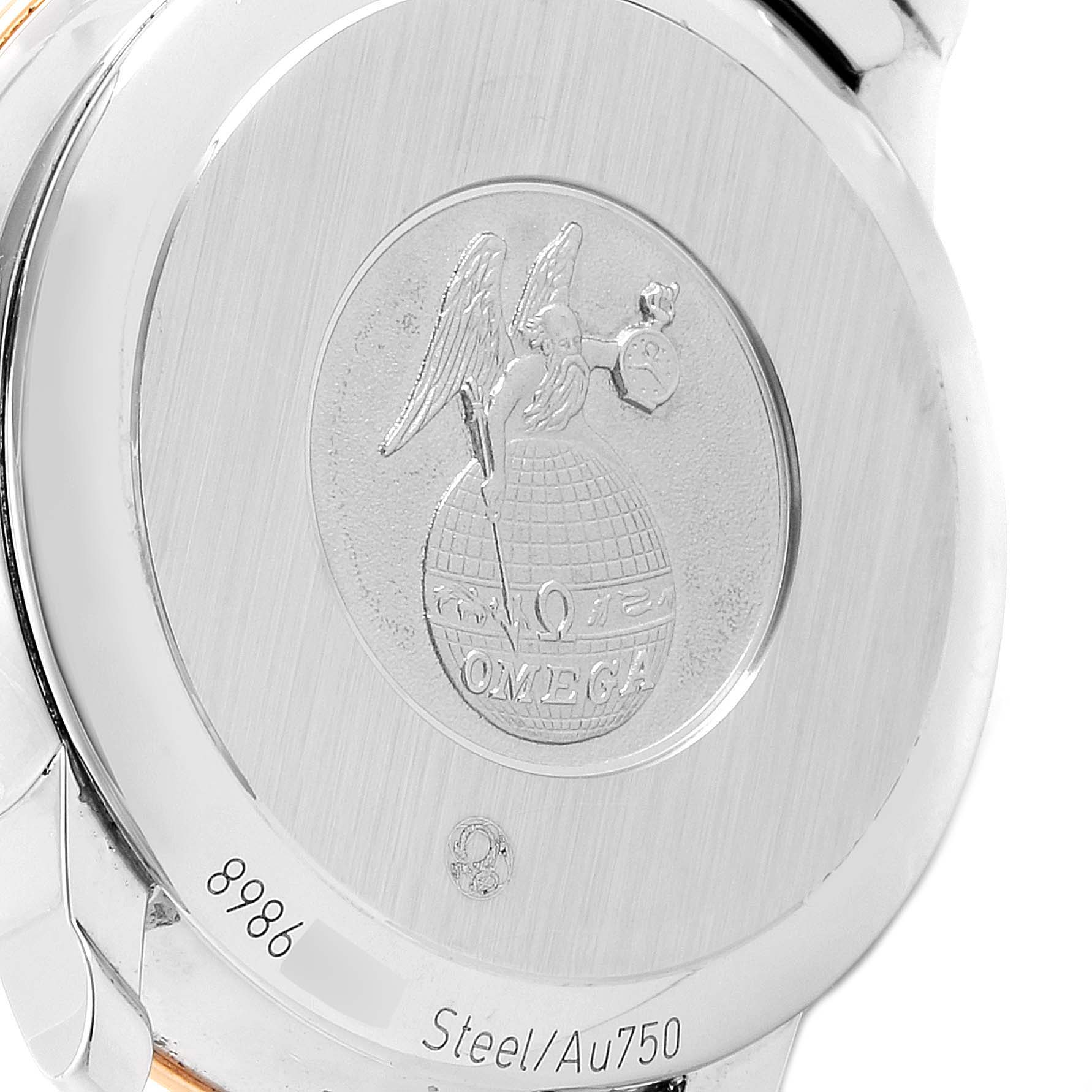 This image shows the back of the Omega 424.20.33.20.52.003 Women's Rose Gold Silver Dial 424.20.33.20.52.003 Women's Rose Gold Silver Dial DeVille Prestige Steel Rose Gold Diamond Watch 424.20.33.20.52.003, highlighting the engraved logo.