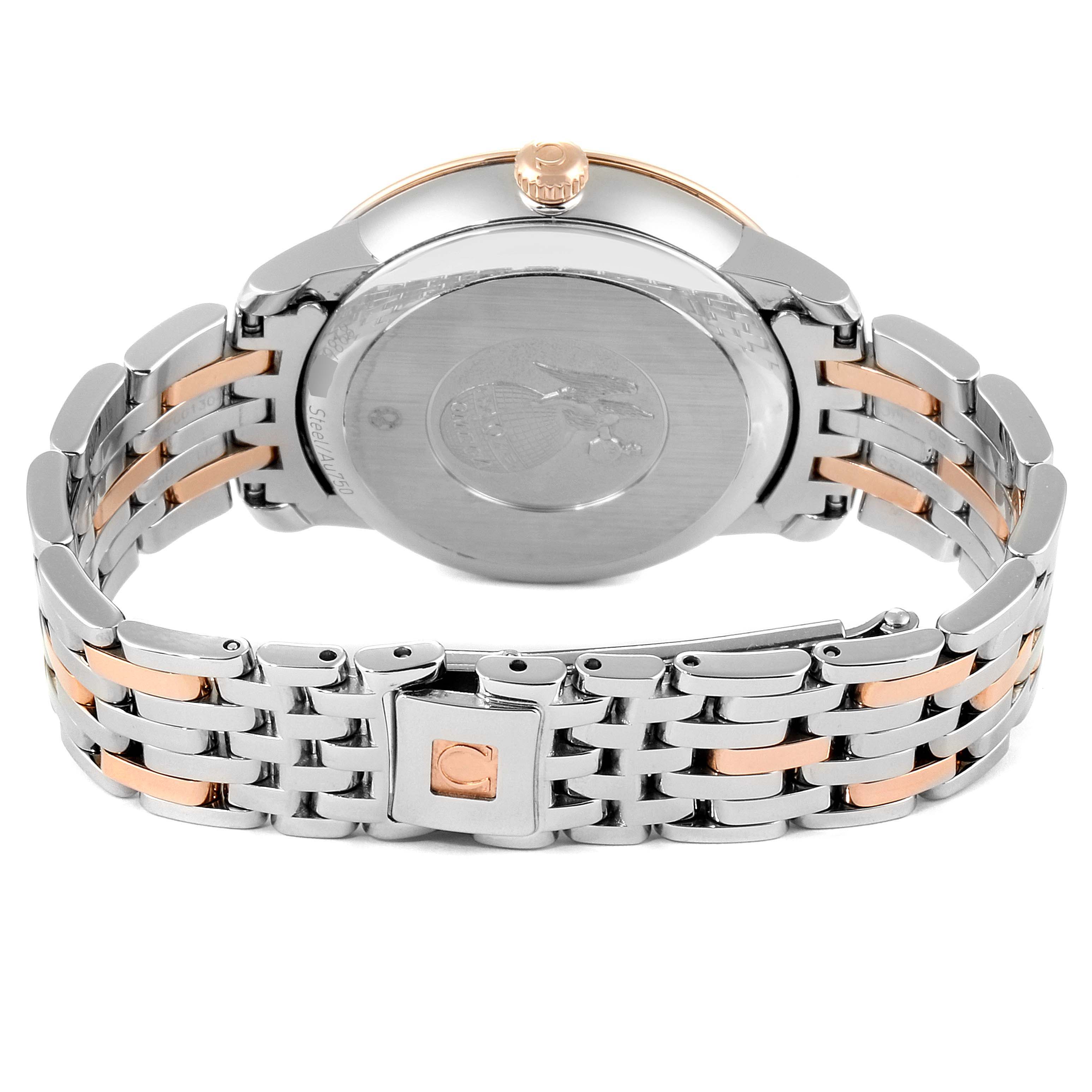 This image shows the back and bracelet of the Omega 424.20.33.20.52.003 Women's Rose Gold Silver Dial 424.20.33.20.52.003 Women's Rose Gold Silver Dial DeVille Prestige Steel Rose Gold Diamond Watch 424.20.33.20.52.003.